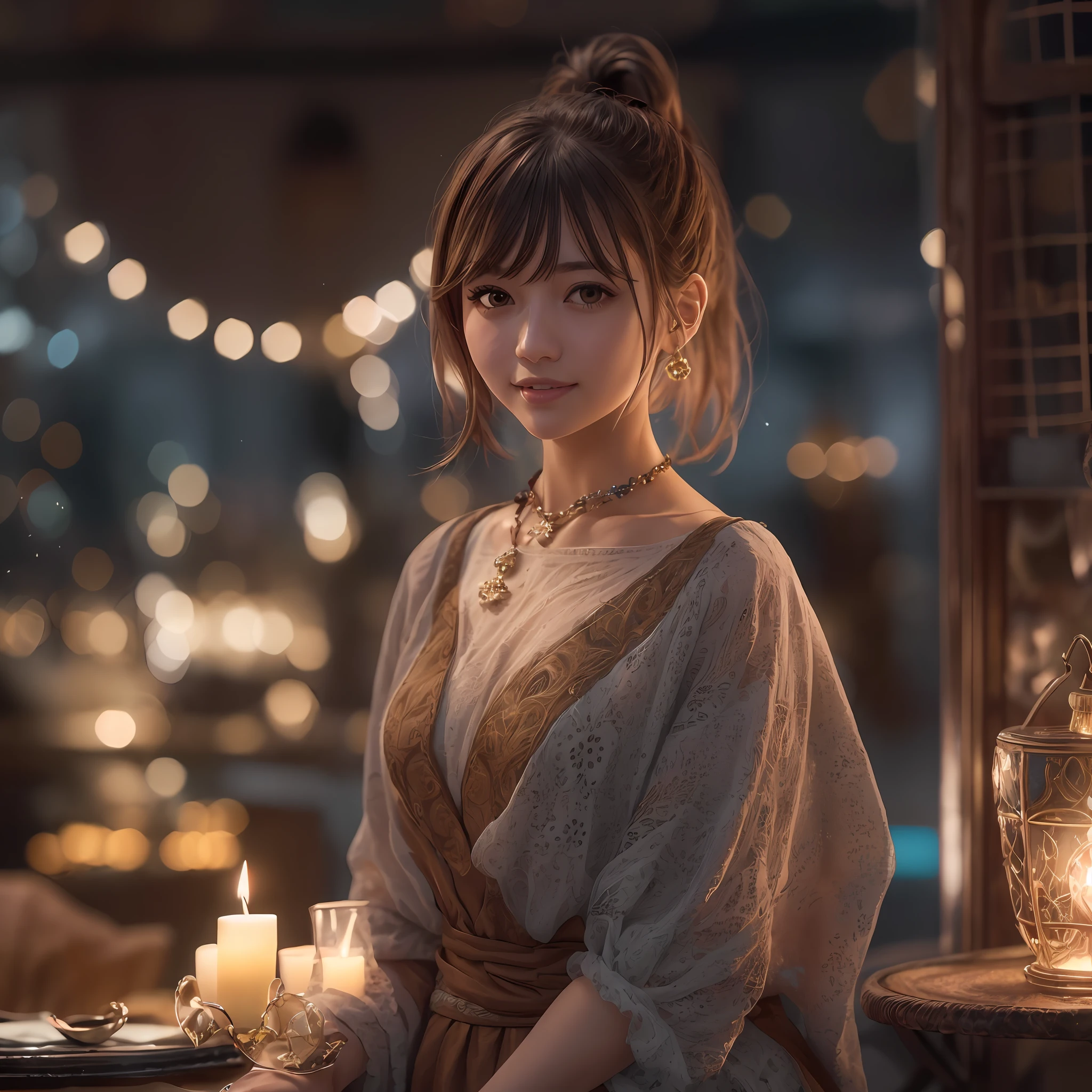 Photorealistic, Photorealsitic, Best quality, Masterpiece, A high resolution, 8k ultra high definition, Digital SLR, Soft lighting, High quality, voluminetric lighting, candid, photographed, high resolution, 4K, 8K, Sense of night, Dim lights, candle lights, (((Bokeh lighting background)))teens girl, ((Back view)), Cute, (cheerfulness), (Smile), Medium breasts, short detailed hair, (((pony tails))), auburn hair, Brown eyes, (Detailed eyes), (Detailed facial features), (detailed clothes features), skin tight, (Shiny skin),(slender girl),(Slim girl), (1girll,Solo),, kaftan, hair adornments, necklace, jewelry, Pedras preciosas, crystals, Majestic