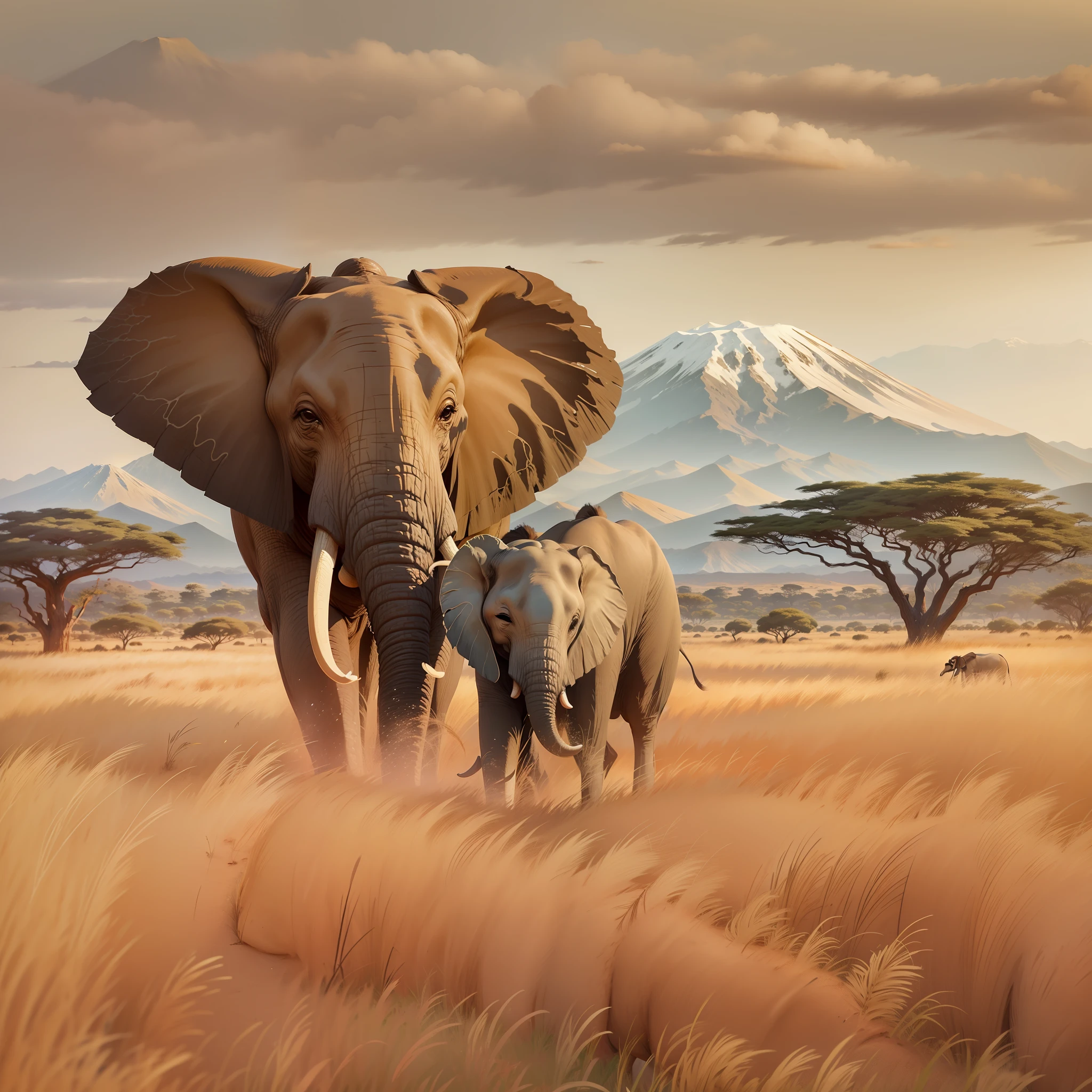 A mother African elephant with large ears sniffing her newborn calf as they walk together through tall golden grasses and sparse acacia trees with Mt. Kilimanjaro seen in the far distance on the horizon.