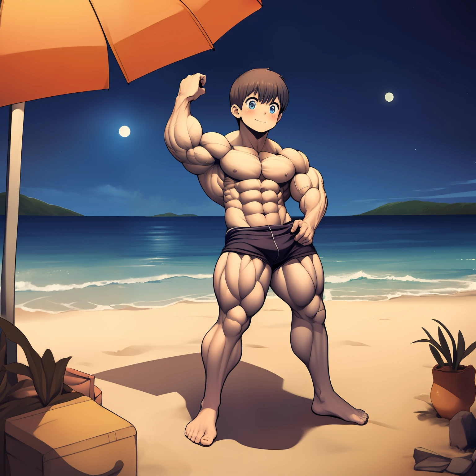 Libido boy，(( boy))，((Solo))，One man only，Topless male，Wear only shorts，On an uninhabited beach，under moonlight，blushing slightly，ssmile，Boy's hairstyle，Height one meter five，Swollen muscles，Strong body