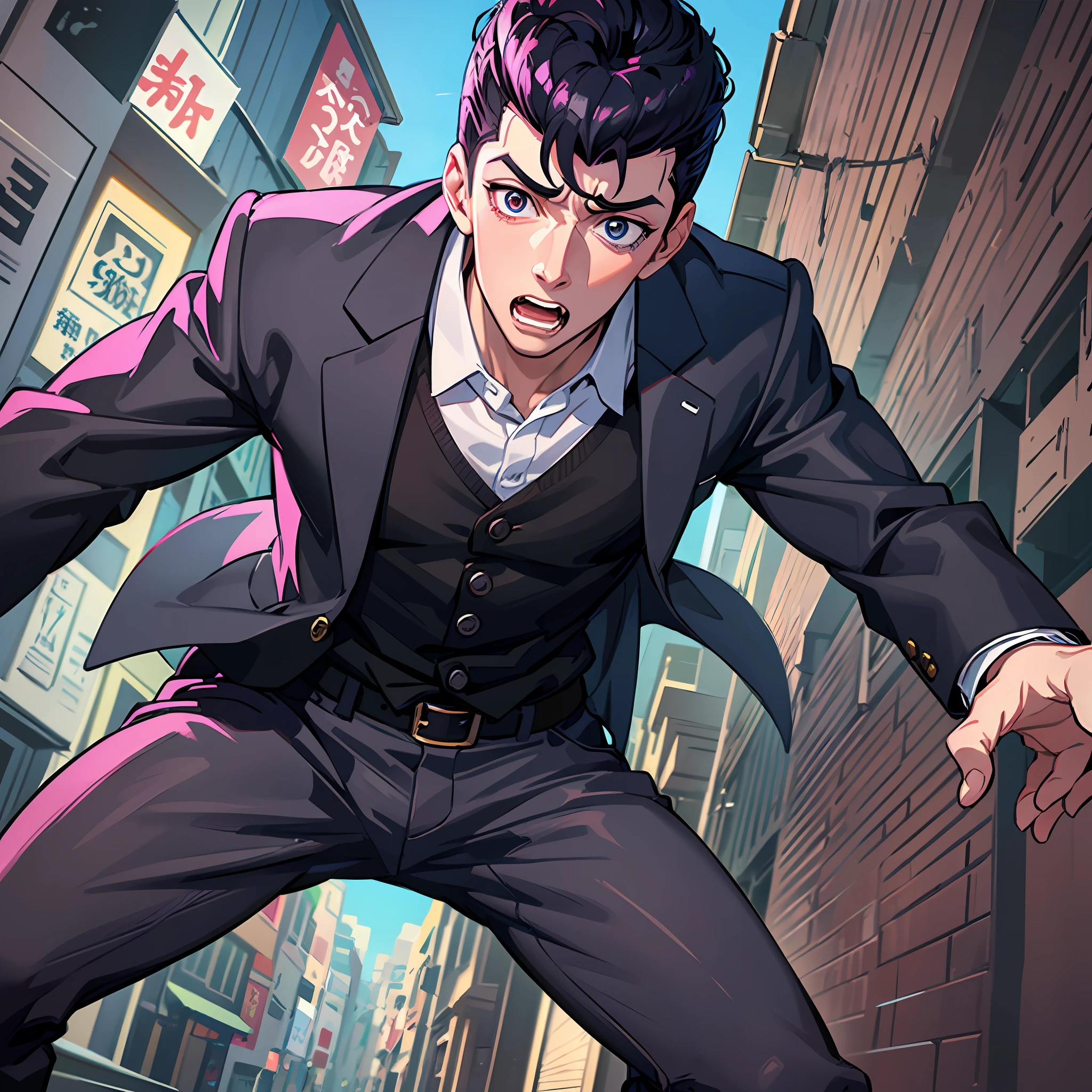 A man in a suit, Inspired by Dongfang Josuke,In quaint streets,Scared,(Fearful:1.5),Panicked,Frightened,Detailed digital anime art,Digital anime art,High quality anime art style,scared, tearing up, turn pale, flustered, panicking, crazy