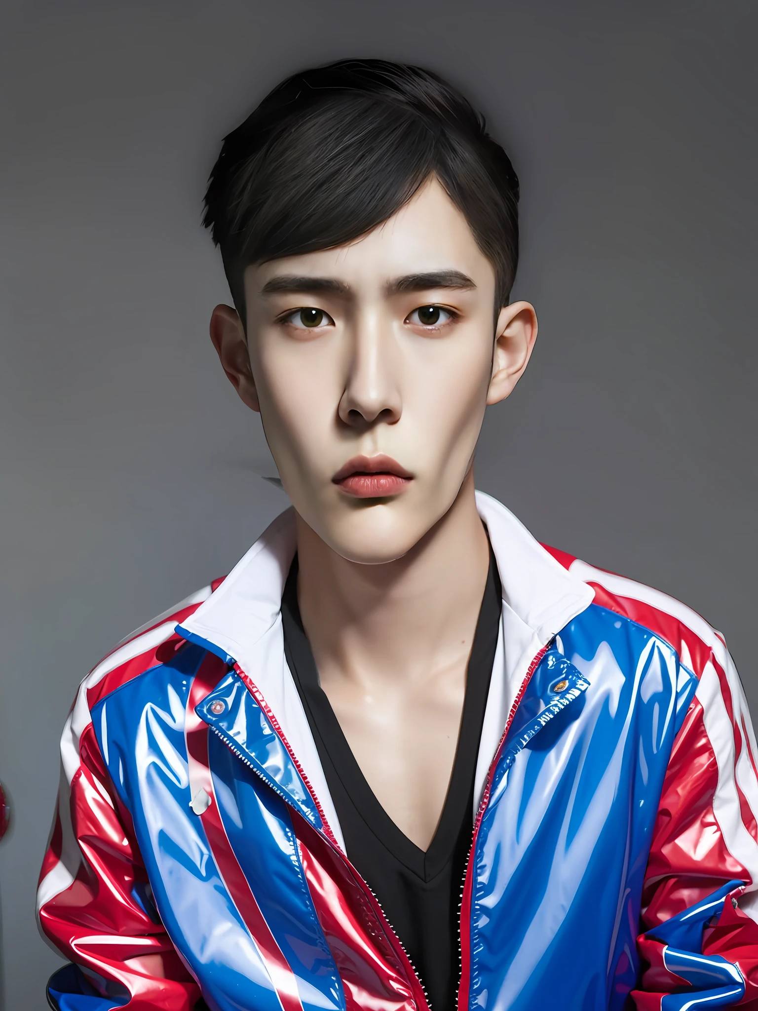 A Chinese male high school student。Wear colorful PVC casual clothes,