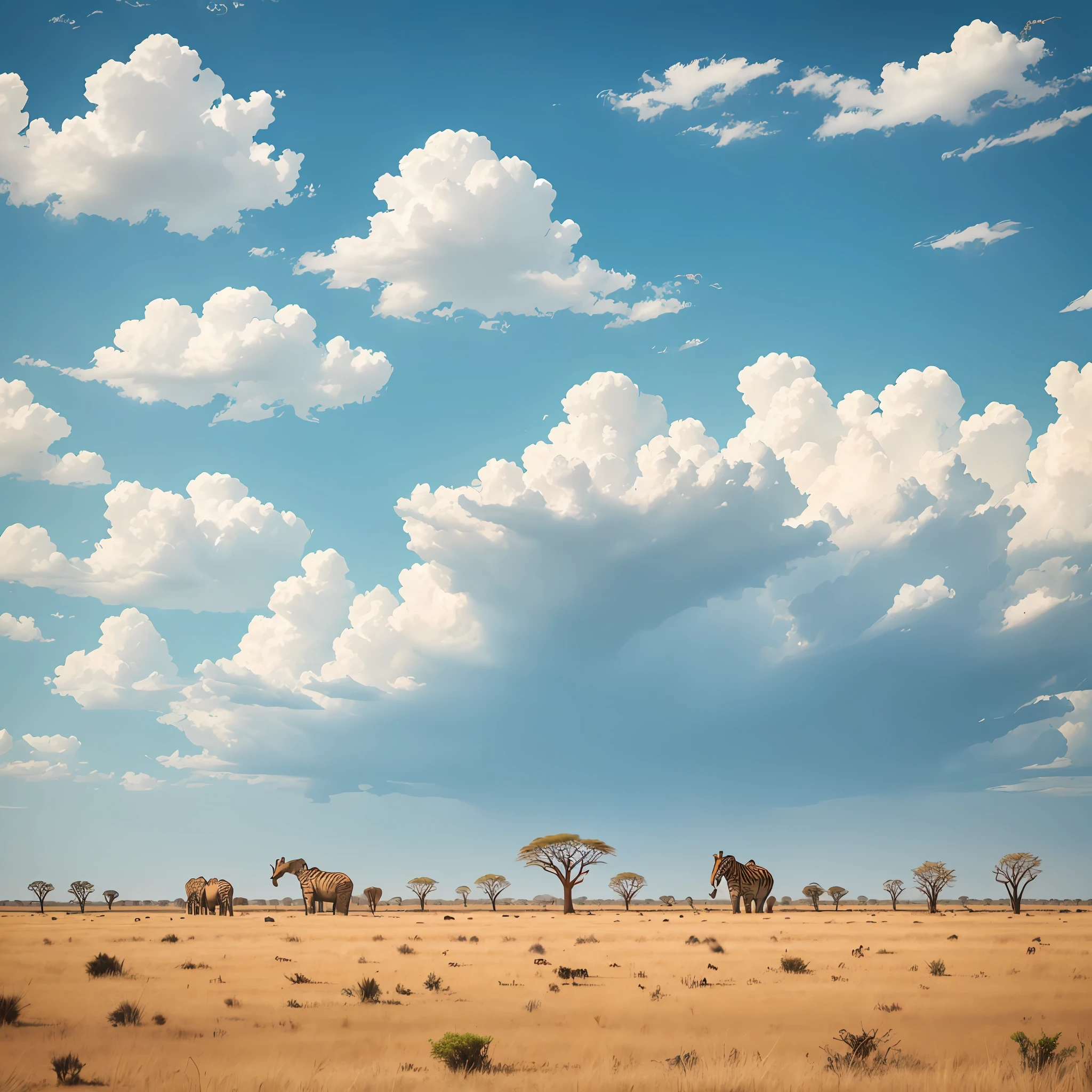 A large African bush elephant with big ears standing in the grasslands, other elephants behind, giraffes and zebras visible, baobab trees in the distance under a bright blue sky with wispy white clouds. --auto