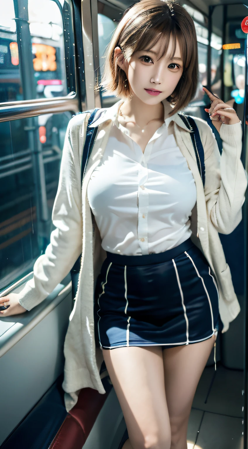 masutepiece, Best Quality, japanaese girl, 8K, Raw photo, top-notch quality, masutepiece, nffsw:1.2, exceptionally detailed RAW color photo, professional-grade photograph, (Realistic, Photorealistic:1.37), (highly detailedskin:1.2), Ultra-high resolution, (lenz 50mm),japanaese girl、a 18 year old girl、Pull Shorthair、blondehair、bangss、Brown-eyed、Perfect figure、Transparency、The sheen、Gloss、discreet breasts、校服、Navy blue ribbon、Light blue shirt、Navy blue skirt、Hikaru、Burning Body、hposing Gravure Idol、on train、Beautiful feet、Strong sunshine、Odious、Rain-drenched body、女優、Gravure idol posing、乃木坂アイドル、韓国アイドル,