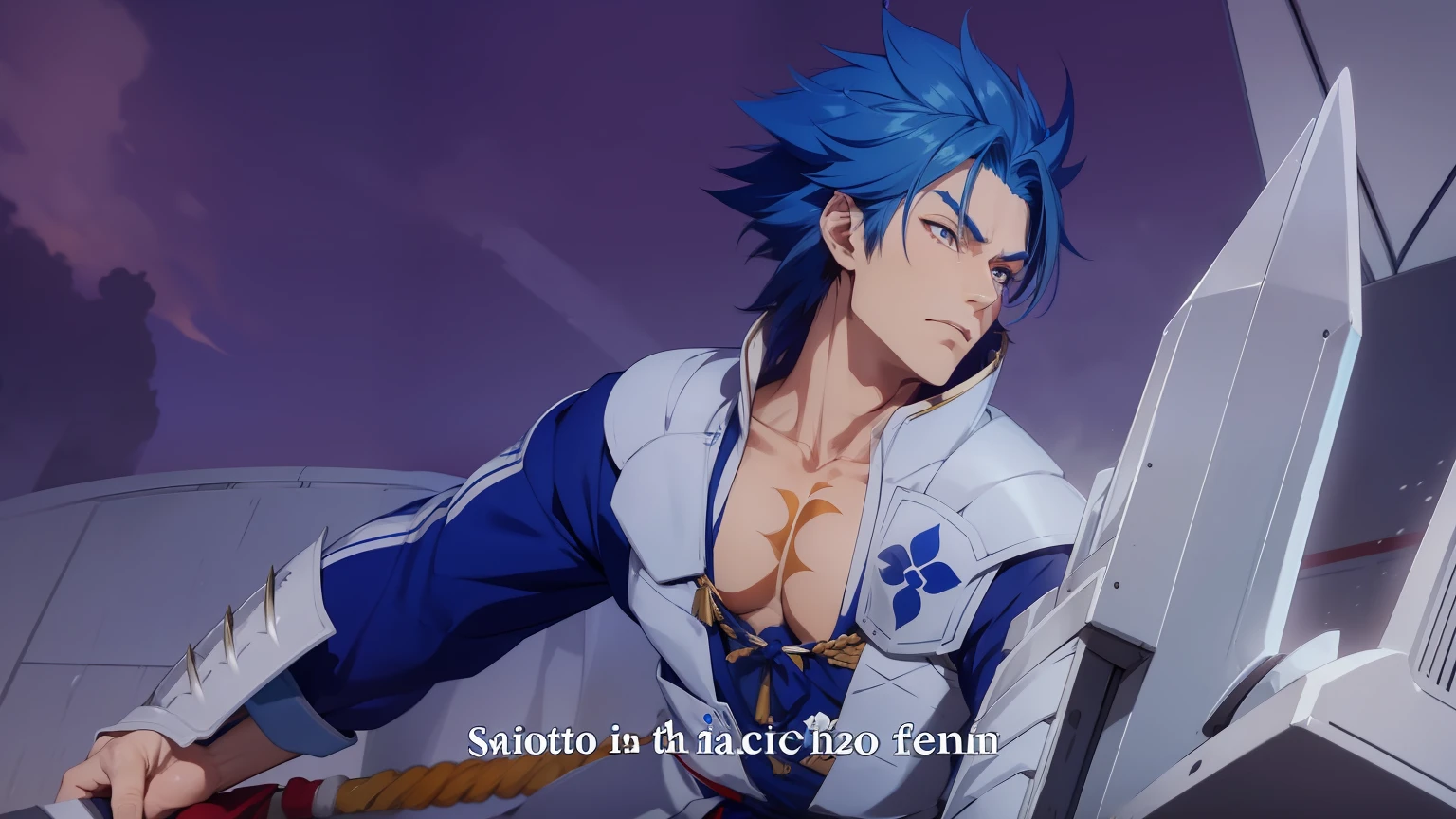 Naotora is a tall, muscular man, with short spiky blue hair like beast ear, and golden eyes. He has a scar on his left cheek.
He wears what looks like a light blue traditional samurai armor with a white cape.