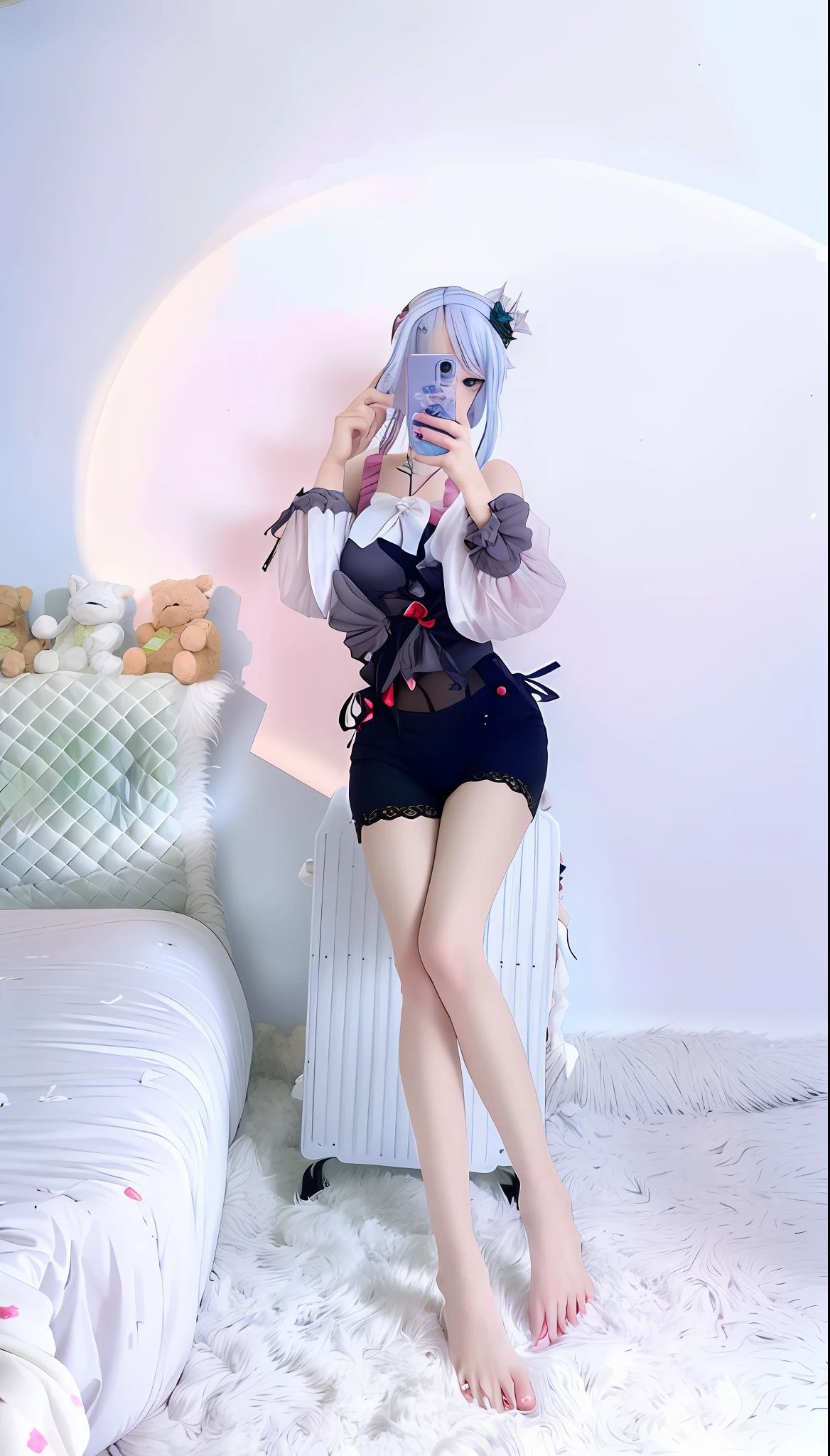 there is a woman sitting on a bed taking a picture of herself, Anime girl cosplay, Anime style mixed with Fujifilm, cosplay, sakimichan, anime vibes, Guviz, E-Girl, e - girl, Anime cosplay, anime-inspired, trending at cgstation, inspired by Leng Mei, Guviz-style artwork, belle delphine