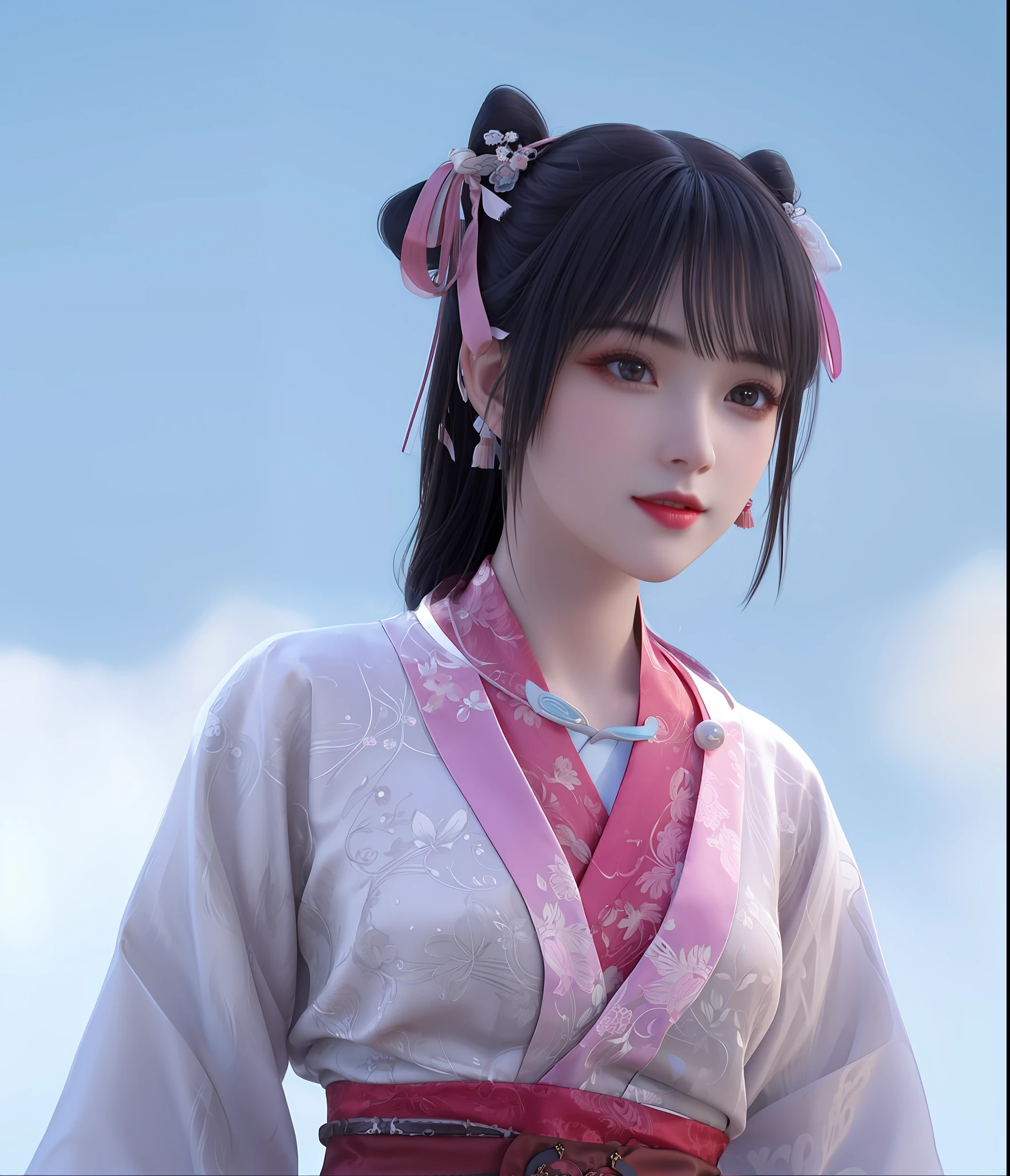 brunette color hair,adolable，Beautuful Women,wearing a hanfu,offcial art，Unity 8k wallpaper，ultra - detailed，Aesthetics，tmasterpiece，best qualtiy，realisticlying,illuminating，Frankness，photore，A high resolution，4K，8K，Bokeh，