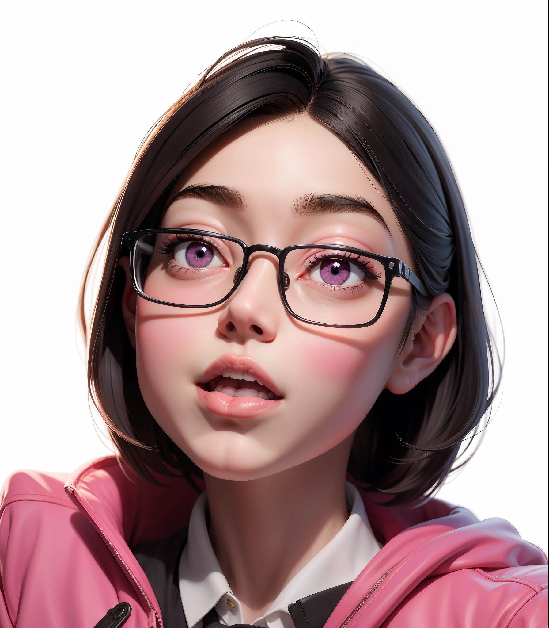 (tmasterpiece),(best qualtiy:1.0),(超高分辨率:1.0),A detailed illustration,8K,There is a woman in glasses and a pink jacket looking at the camera, Very detailed anime style,the soft light。Q version, Q version, Q version