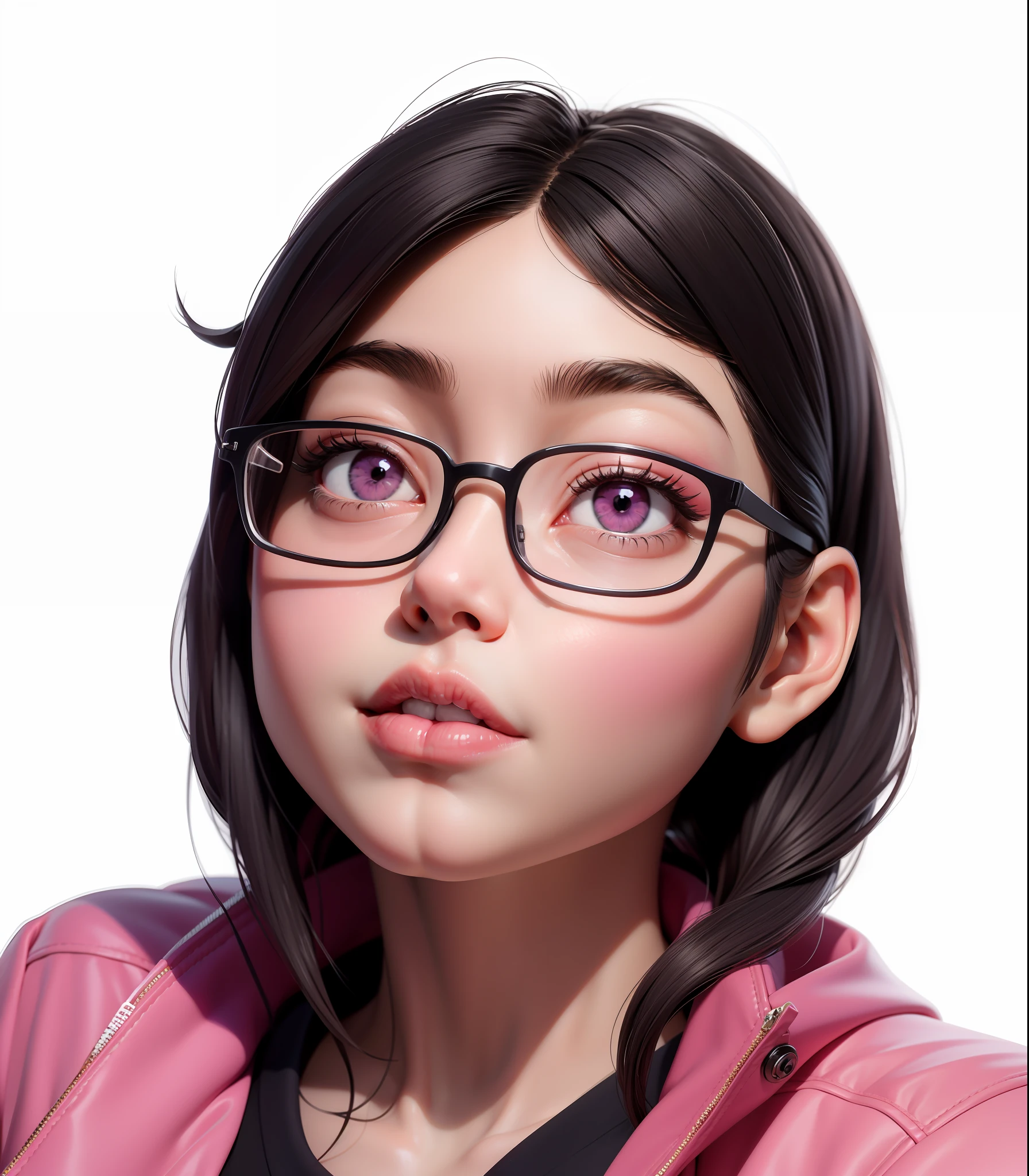 (tmasterpiece),(best qualtiy:1.0),(超高分辨率:1.0),A detailed illustration,8K,There is a woman in glasses and a pink jacket looking at the camera, Very detailed anime style,the soft light。Q version, Q version, Q version