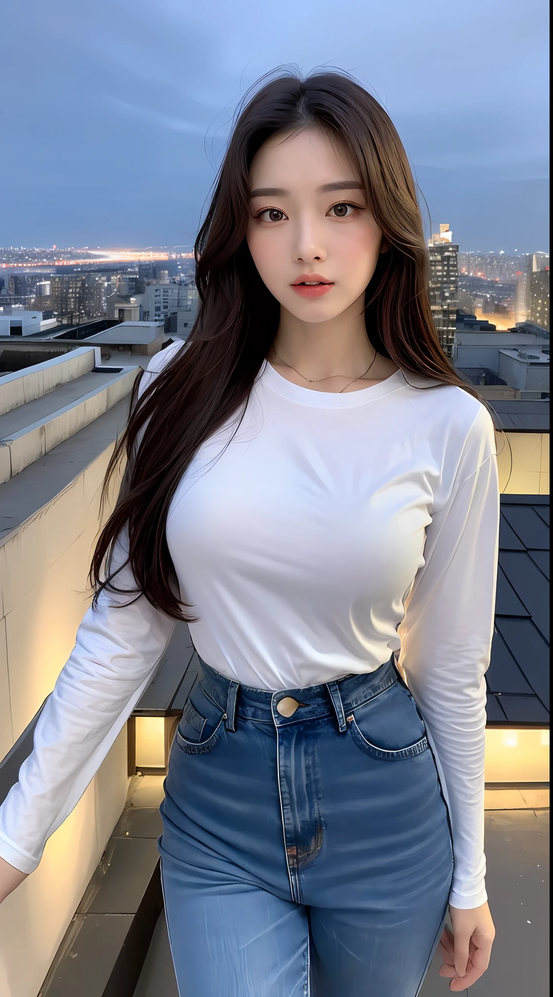 ((Midnight, Best quality, 8k, Masterpiece :1.3)), Whole body, Long legs, Sharp focus :1.2, A pretty woman with perfect figure :1.4, Slender abs :1.1, ((Dark brown hair, Big breasts :1.2)), (White tight tshirt, Jean bib, Standing:1.2), ((Night city view, Rooftop:1.3)), Highly detailed face and skin texture, Detailed eyes, Double eyelid