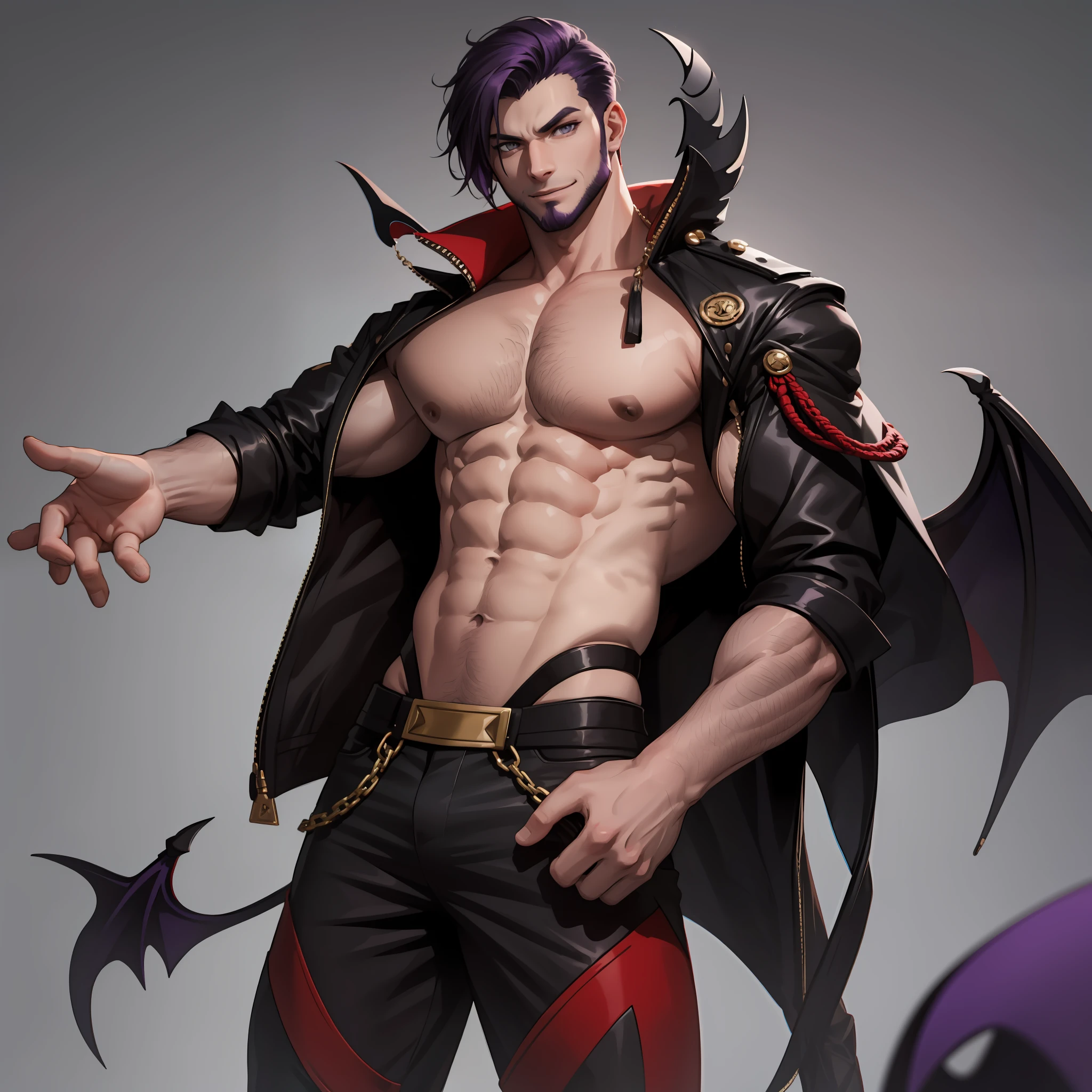 "character description: mischievous and carefree half-demon and half-shapeshifter with short black and purple hair, grey eyes, and a well-groomed beard, he is well built and muscular however he is on the slender side"