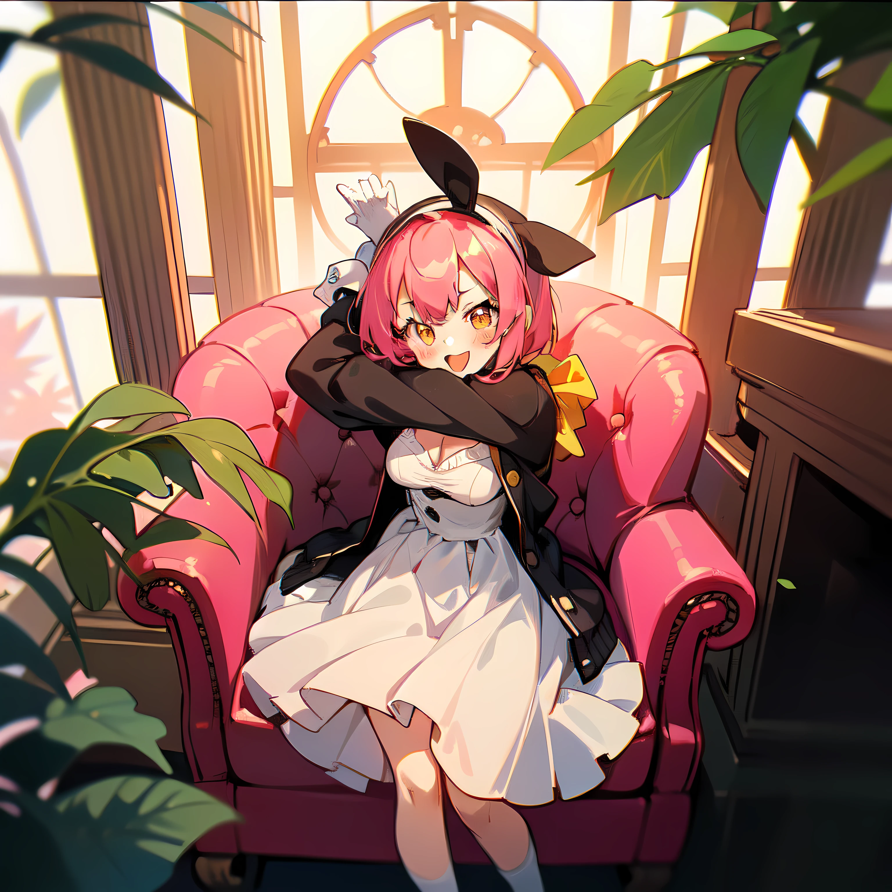 (:d:1.2),One girl. (masutepiece, of the highest quality, Kyoto Animation Style Illustration, of the highest quality, Official art, aesthetics, Beautiful details, :1. 2), BREAK, (17 years old girl), Very detailed, colourfull, highest details, BREAK, (medium breasts),(orange eyes:1.2),(girl, Cute, graceful, Loli face,pink hair,a short bob,tareme, gleaming skin, Hugging a stuffed rabbit, Playboy Bunny,(White dress, long lacy white gloves, black cardigan:1.1), High socks with pink and yellow stripes,Pink Bunny Years Hair Band,BREAK,serious face,(in the messy room:1.3),(cute interior:1.5),(pink room),window,kawaii room,canopy,frills,pink chair,(baldachin:1.5),(Foliage plant:1.2),(chesterfield chair:1.5),