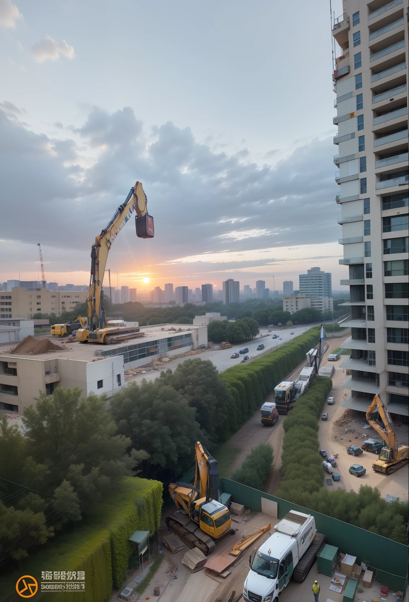 the setting sun,Construction sites,Buildings,Large construction machinery,Neat grounds