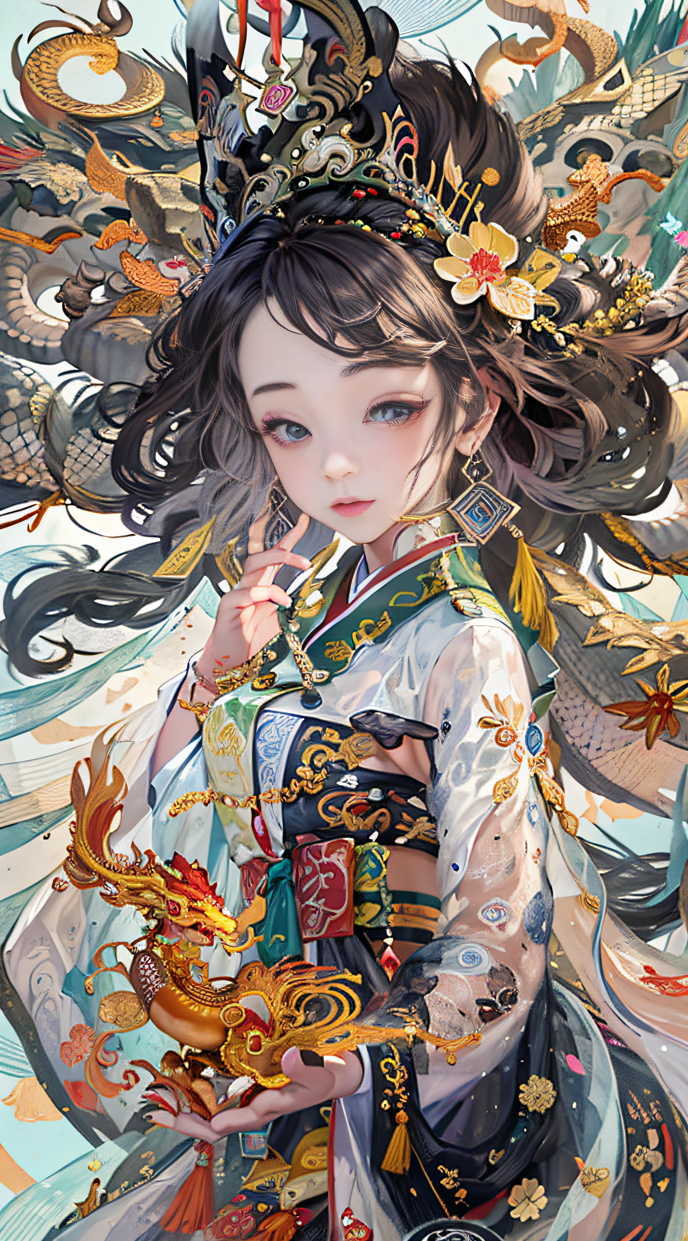 offcial art,统一 8k 壁纸,ultra - detailed,Beauty and aesthetics,tmasterpiece,best qualtiy,ultra real detailed,(zentangle,tangle,entangle),(s fractal art:1.4),1girl,black color hair,chineseidol,cropped shoulders,The is very detailed,dynamic angle,cowboyshot,(Chaos in its most beautiful form),flowy,(vivd colour),OC,(A half body:1.2),Chinese big breasts,(thangka flying sky:1.5),(ribbons:1.3),(dream magical:1.5),(Hanfu:1.5),period costume,traditional art,gracefulness,plethora of colors,chinesedragon,Chinese Phoenix,(ssmile:0.5 ),(chinese deity),