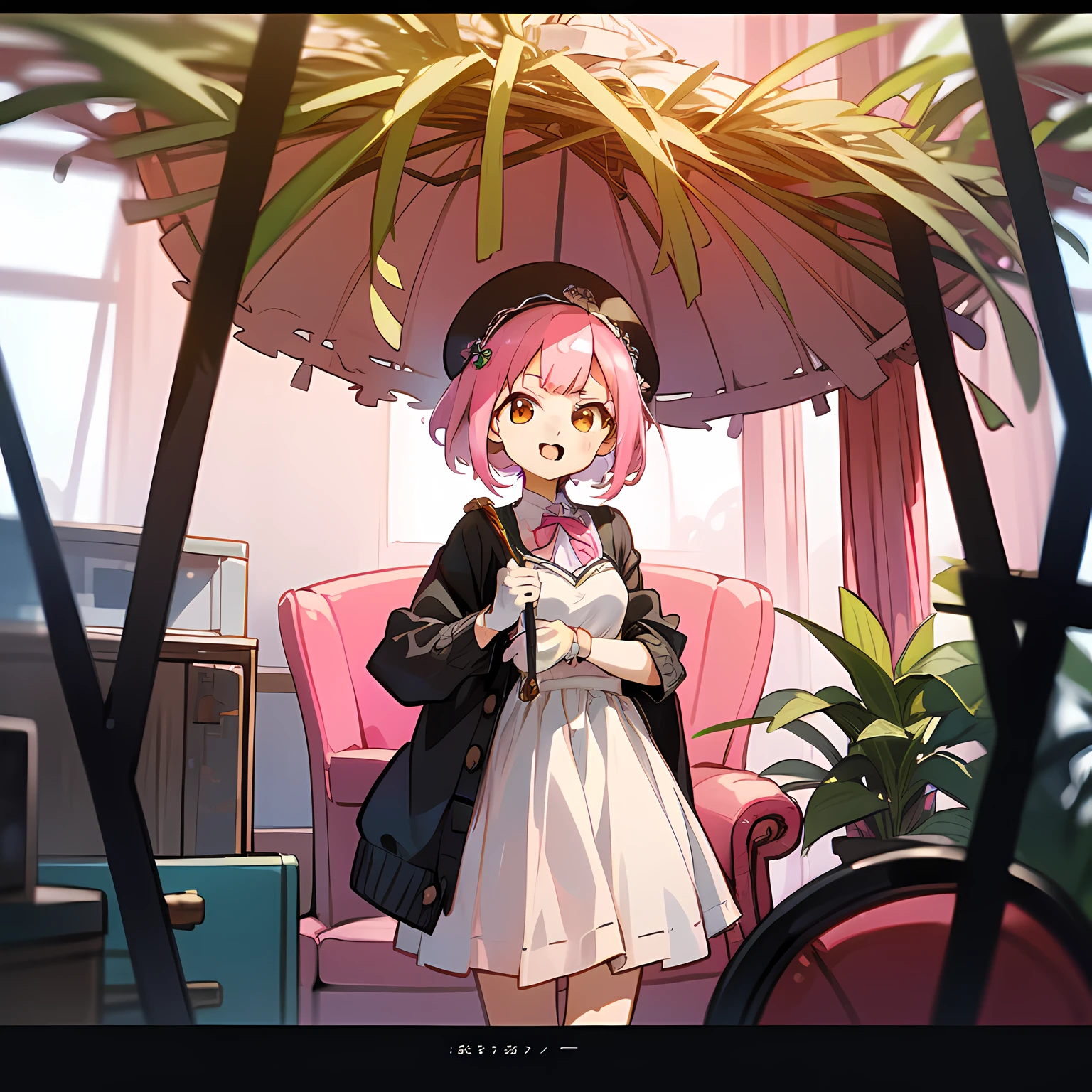 (:D:1.2),One girl. (masutepiece, of the highest quality, Kyoto Animation Style Illustration, of the highest quality, Official art, aesthetics, Beautiful details, :1. 2), BREAK, (17 years old girl), Very detailed, colourfull, highest details, BREAK, (medium breasts),(Orange Eyes:1.2),(girl, Cute, Graceful, Loli face,Pink hair,a short bob,tareme, gleaming skin, Hugging a stuffed rabbit, Playboy Bunny,(White Dress, long lace white gloves, Black cardigan:1.1), High socks with pink and yellow stripes,Pink Bunny Years Hair Band,BREAK,Serious face,(in the messy room:1.3),(cute interior:1.5),(Pink Room),window,kawaii room,canopy,frilld,pink chair,(canopy:1.5),(houseplant:1.2),(chesterfield chair:1.5),