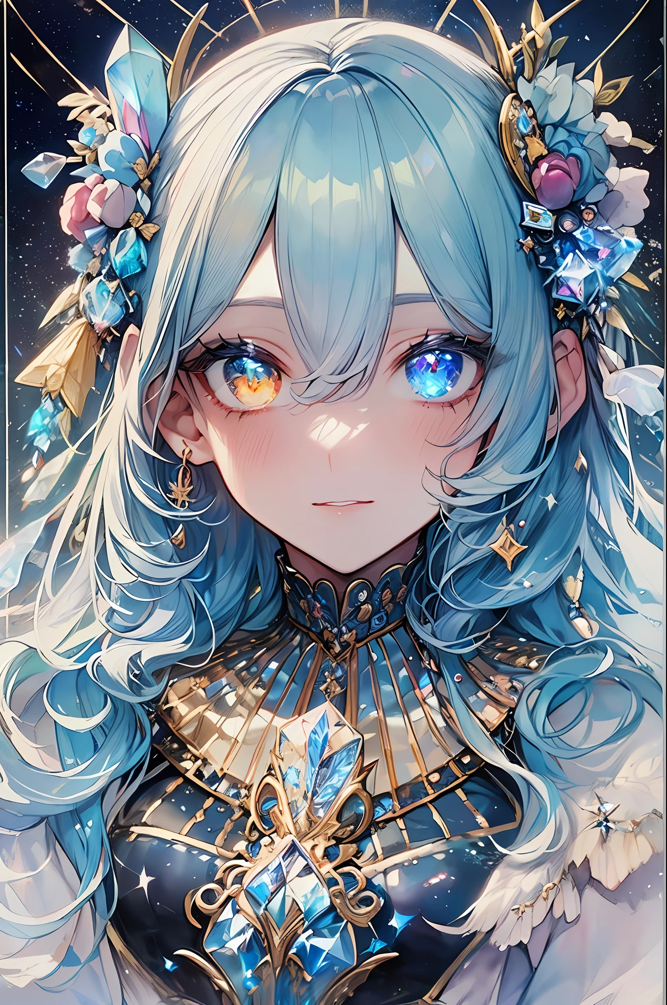 ((masterpiece、top-quality、Watercolor art(Pendants)、Official art、Beautifully Aesthetic:1.2))、(the golden ratio:1.2)、(ultra-detailliert:1.3)、(1girl in:1.3)、(Fractal Art:1.3)、full body Esbian、((Glitter pupils))、patterns、((rainbow-colored hair、colourful hair、Half light blue and half blue hair:1.2))、colourfull、Writing、(heterochromia iridis)、(colourfull:1.5)、((Shy face))、((robe blanche))、(Hyper-detailing), ((delicate detail)), (intricate detailes), ((ciinematic light, best quality backlight)), highcontrast, ((The best lighting, extremely delicate and beautiful)), ((ciinematic light))、(ray trace reflection、brilliance)、((glowing aura))、((Radiant hair))、((The ultra-detailliert))、((8K))、((write))、Delicate beautiful face and eyes,Focus on Face, masterpiece,Shock sensation、(realisitic:0.5)、Original 2 High Saturation、((Neat and clean woman))、((tiarra))、nigh sky、((night sky full of stars))、Princess、(((Shining eyes:2))),(((Crystal pupil:1.3))),(((Big eyes:1.3)))、(((Crystals in the eye:1.5))),((Victorian era dresses))、((face up:1.3))