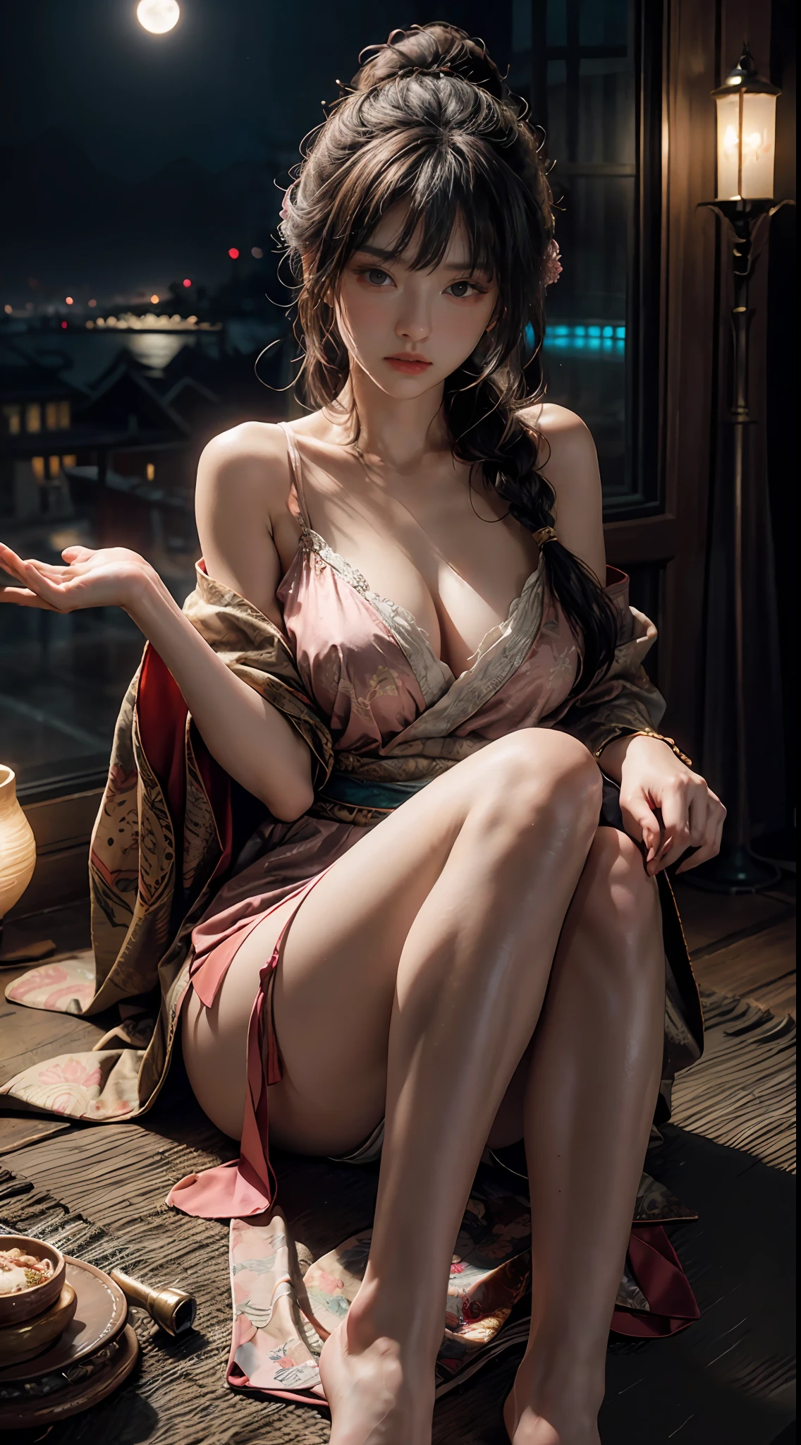 Art depicts a charming woman,Dressed in a flowing manner、Silky low-cut hanfu,In pink,Decorated with intricate patterns and bright colors。Her dress draped elegantly over her curvy figure,Highlights her seductive silhouette。She lay lazily under the moon,legs are open ,Shines through panties,bathed in the soft glow of the moonlight。The scene exudes an ethereal and dreamy atmosphere,With a touch of mystery and sexiness。The image style incorporates watercolor and digital illustration techniques,It evokes a refined beauty and charm。The lights are filled with soft moonlight,casting soft highlights and shadows on her charming features。Bare thighs,Bigchest,Three-dimensional facial features,Lie with your legs apart,Side braids