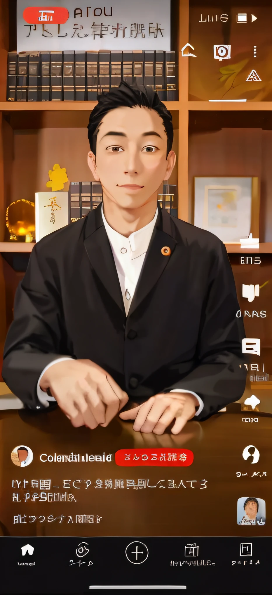 Alafed man in suit sitting at table with video camera, youtube video screenshot, Chiba Yuda, low quality video, eichiro oda, YouTube, youtuber, youtube thumbnail, Middle metaverse, satoshi, with index finger, yukio - e, lawyer, lin hsiang