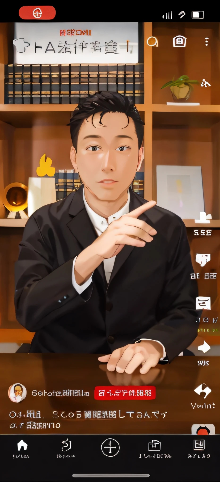 Alafed man in suit sitting at table with video camera, youtube video screenshot, Chiba Yuda, low quality video, eichiro oda, YouTube, youtuber, youtube thumbnail, Middle metaverse, satoshi, with index finger, yukio - e, lawyer, lin hsiang