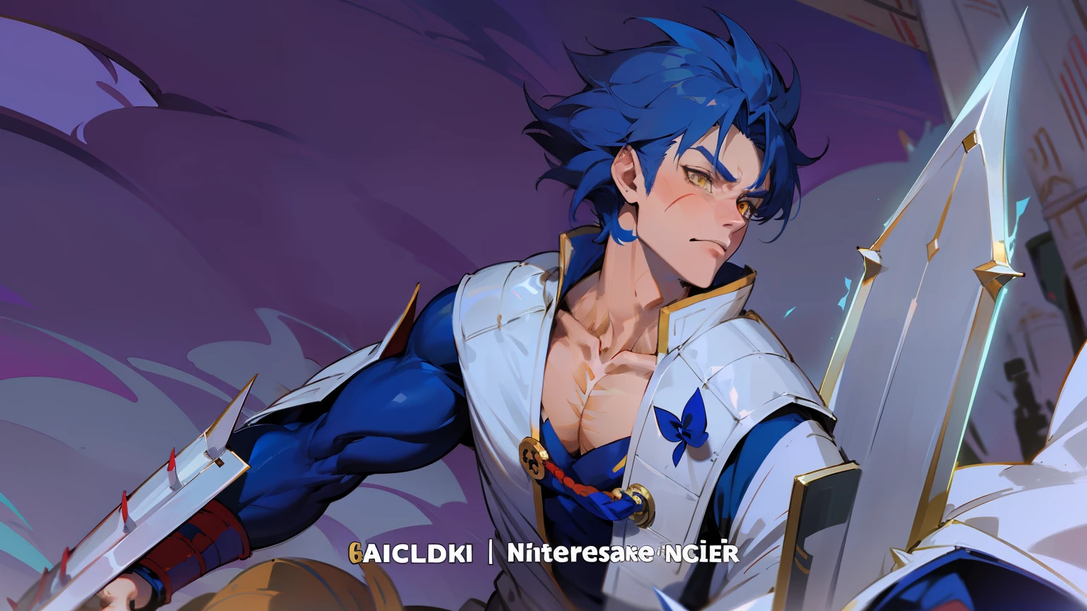 Naotora is a tall, muscular man, with short spiky blue hair like beast ear, and golden eyes. He has a scar on his left cheek.
He wears what looks like a light blue traditional samurai armor with a white cape.