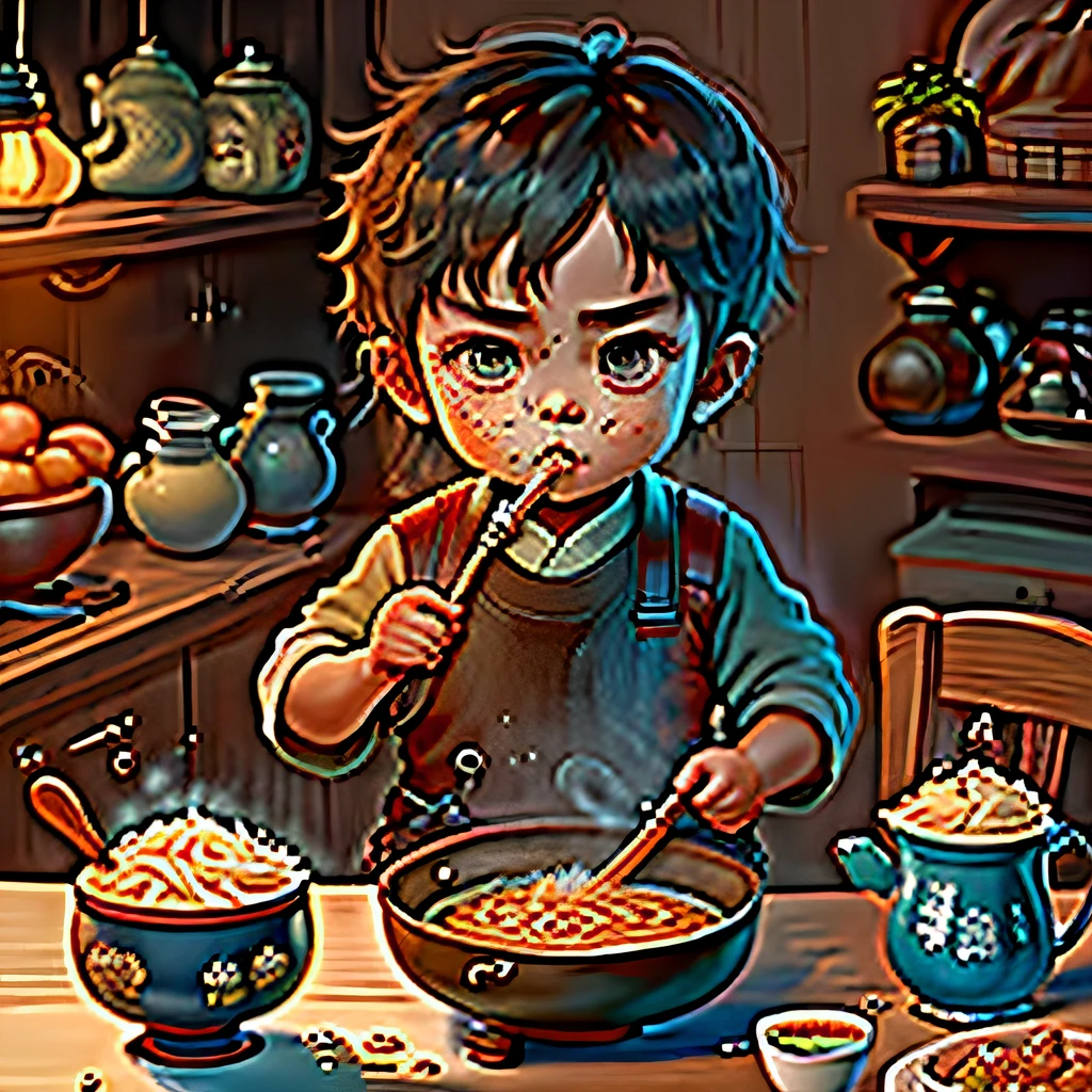A little boy was holding a bowl in one hand and eating a bamboo skewer in the other, eating cold skin, and the color was attractive ,On the bowl, you can see the Chinese characters written on Wang Xiaoer's baked cold noodles,A detailed,,Delicious look