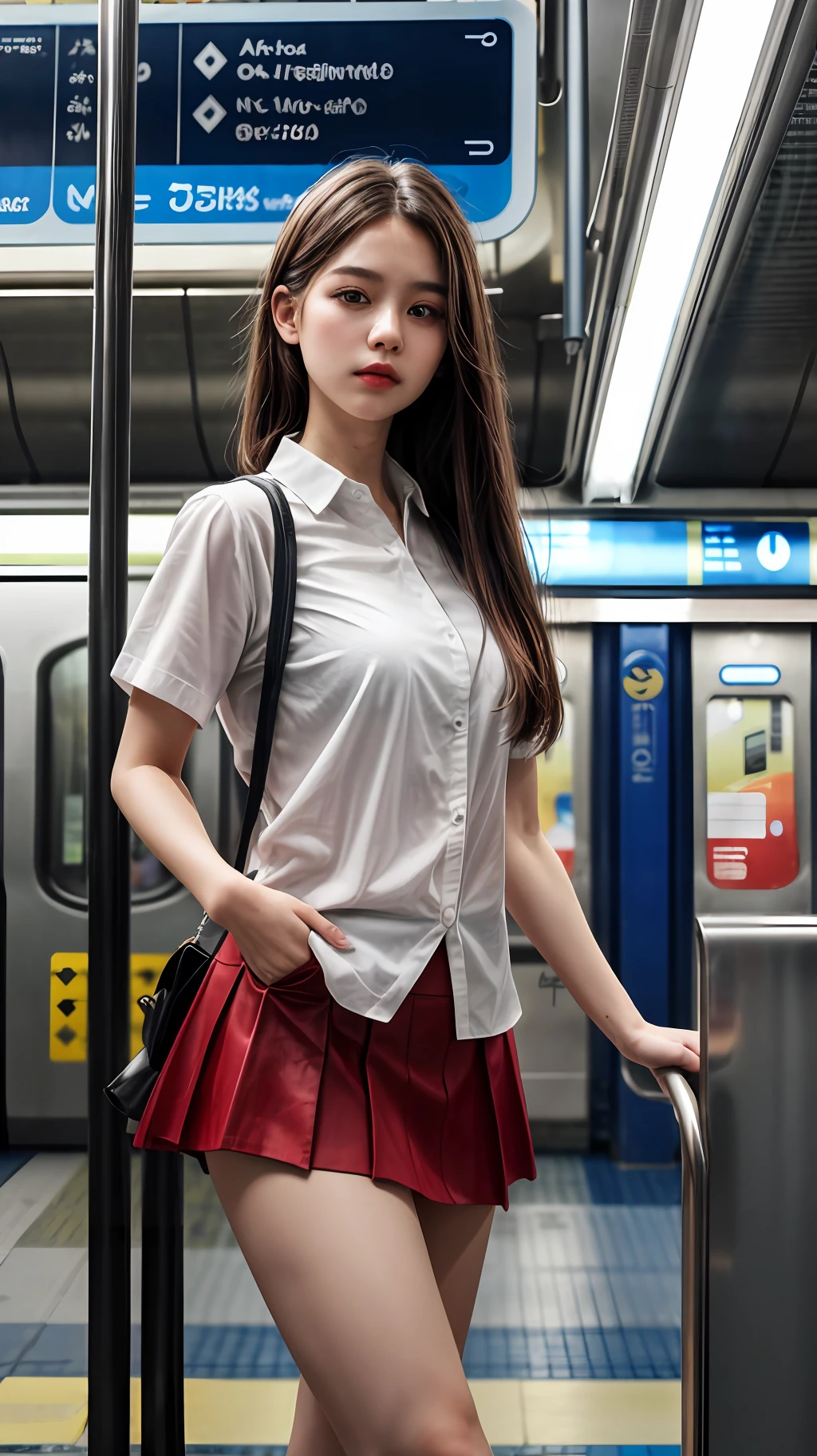(1girl), solo, beautiful(face), looking_at_viewer, wearing(white-shirt, red-skirt), photo(medium), standing, (straight-on:1.25), background(futuristic-metro_station, blurry:1.35), (photorealistic, absurdres, best_quality),
