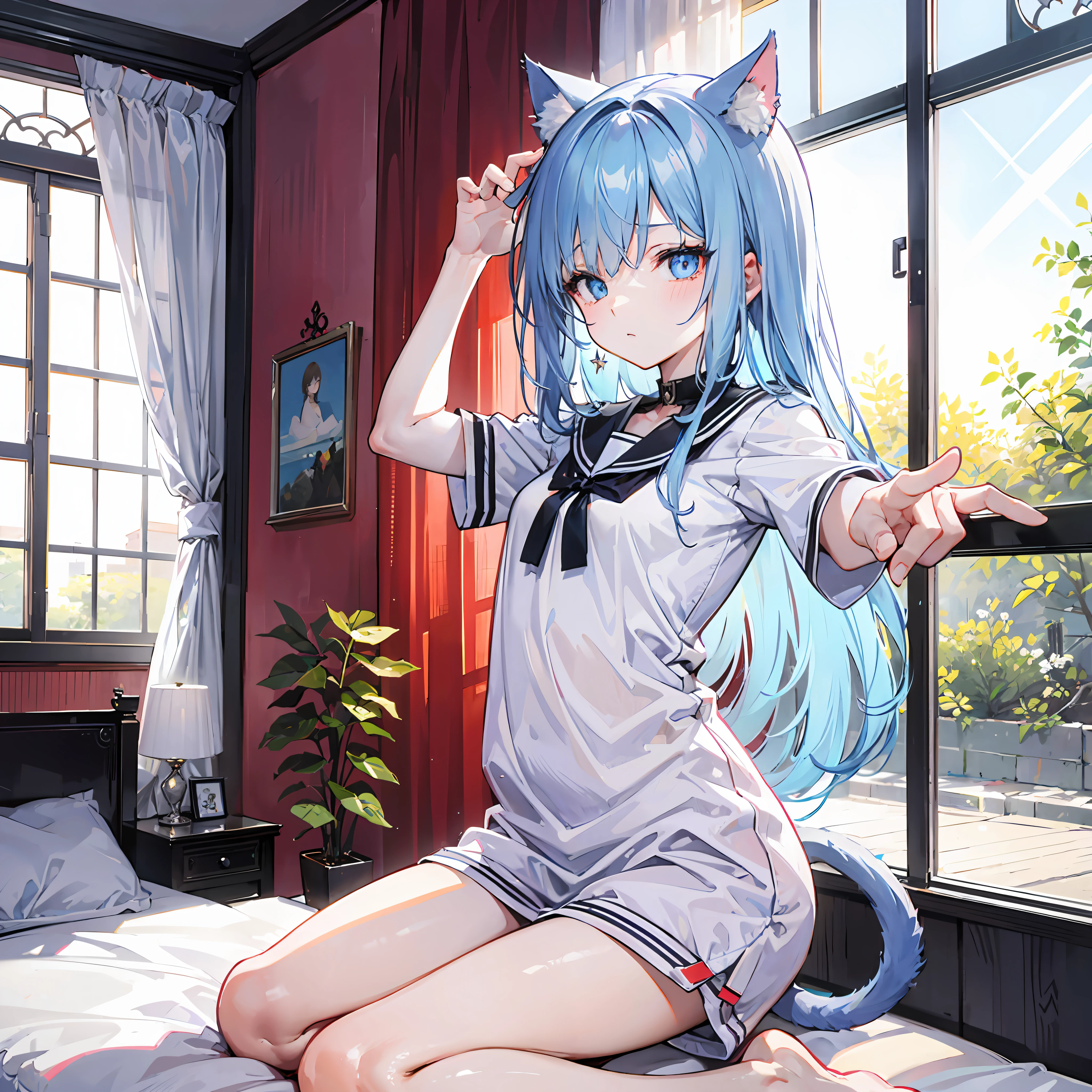 masutepiece,Best Quality,ultra-detailliert,Two hands,Two legs,Five Fingers,best faces,1 girl,Light blue long hair,timid,Cat ears,pale blue eyes, Height 145cm,small tits,Big shirt,Yawn, Stretch your body,Close one eye,Teary-eyed, Sit on the bed,light coming through the window,Cat tail in the ass,Infant face
