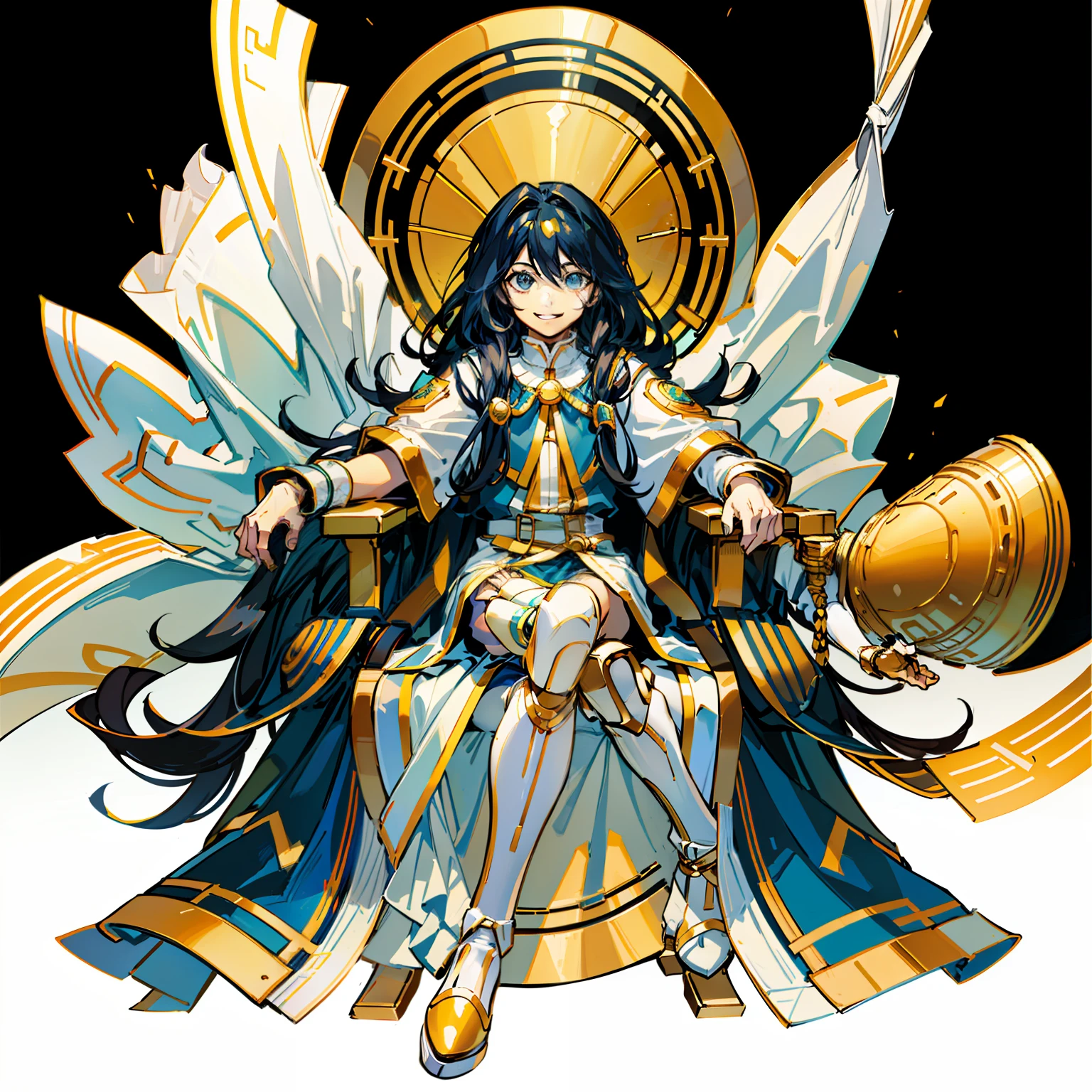 ???, Very long hair, Smiling, Sitting in a wheelchair, Full body shot, No background, White background, lame, Have a doll, White and gold, god, open thin,