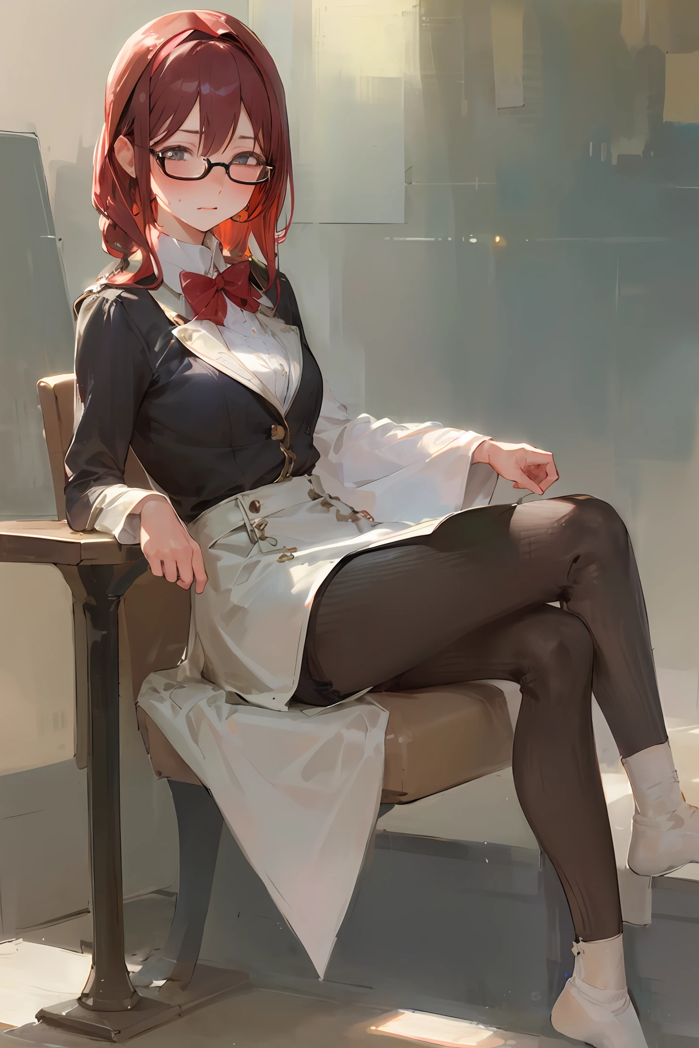 redheadwear,Bigchest,Raise the legs to the chair,Chain binding,Clothes melting,Seductive expressions,Flushed complexion,Sweat beads leave oversized chest black stockings