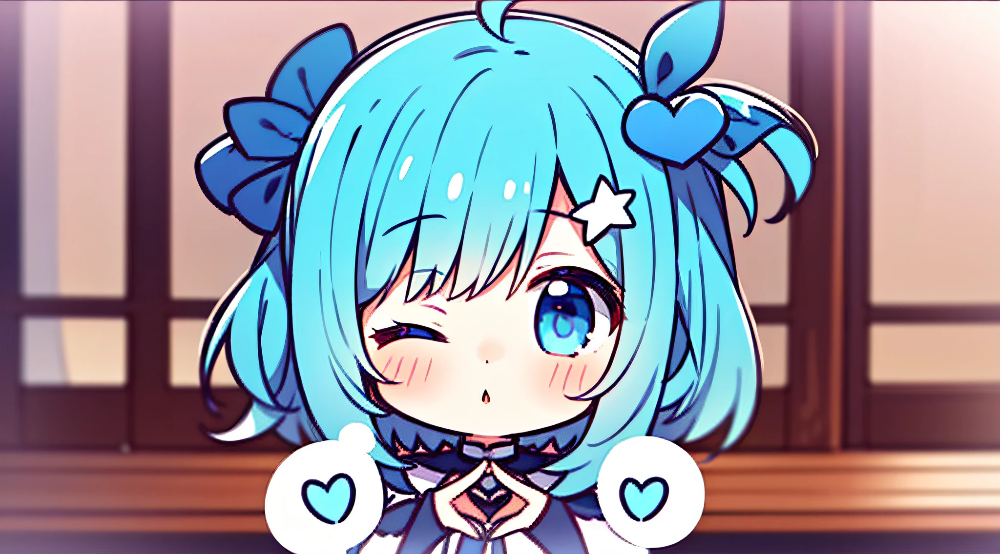 2girl, ( star hair ornament) girl,blue hair, short hair, blue eyes, chibi, heart hands duo, wince, one eye closed, prt,blonde hair, blue eyes, one side up,( long hair) girl, chibi,