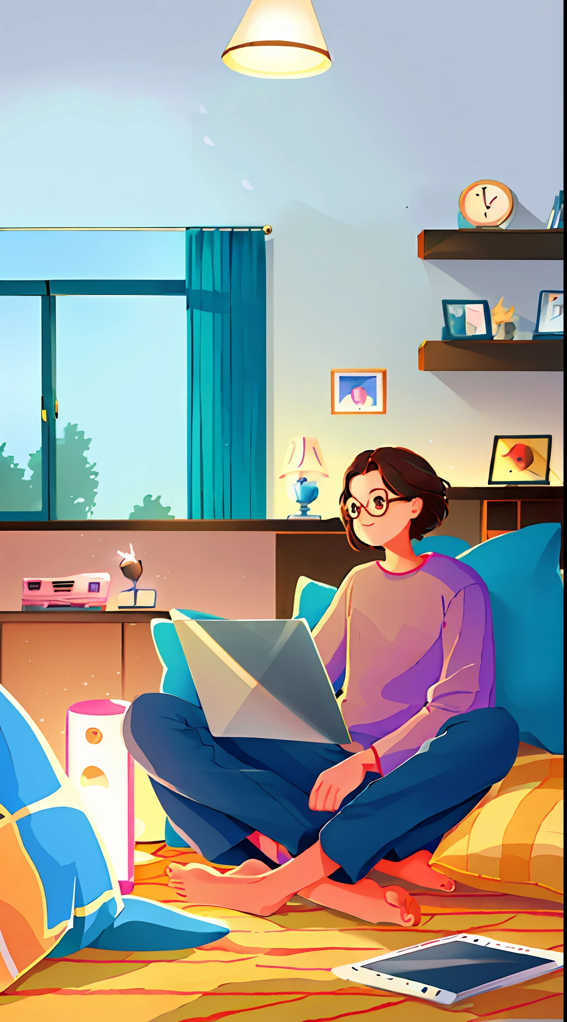 1girll, There are no facial features，cat, Glasses, laptop, sofe, window, Barefoot, Computer, Brown hair, pajamas, Short hair, Indoors, pillow head, Sitting, a tablet, Pants, lamp lights