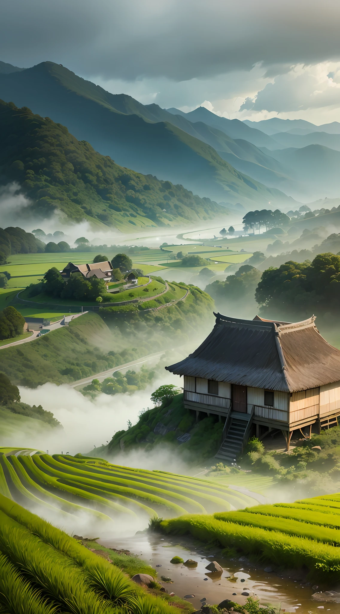 Large expanses of terraced fields, mountains, huts, with rice fields, rice fields, neat rice seedlings in the fields, misty rain, villages, agriculture, in the tranquil landscape, misty weather, in the vast tranquil landscape, in the early morning, in the morning mist, behind a small village, mist, Japanese countryside, thatched roofs --auto --v 6
