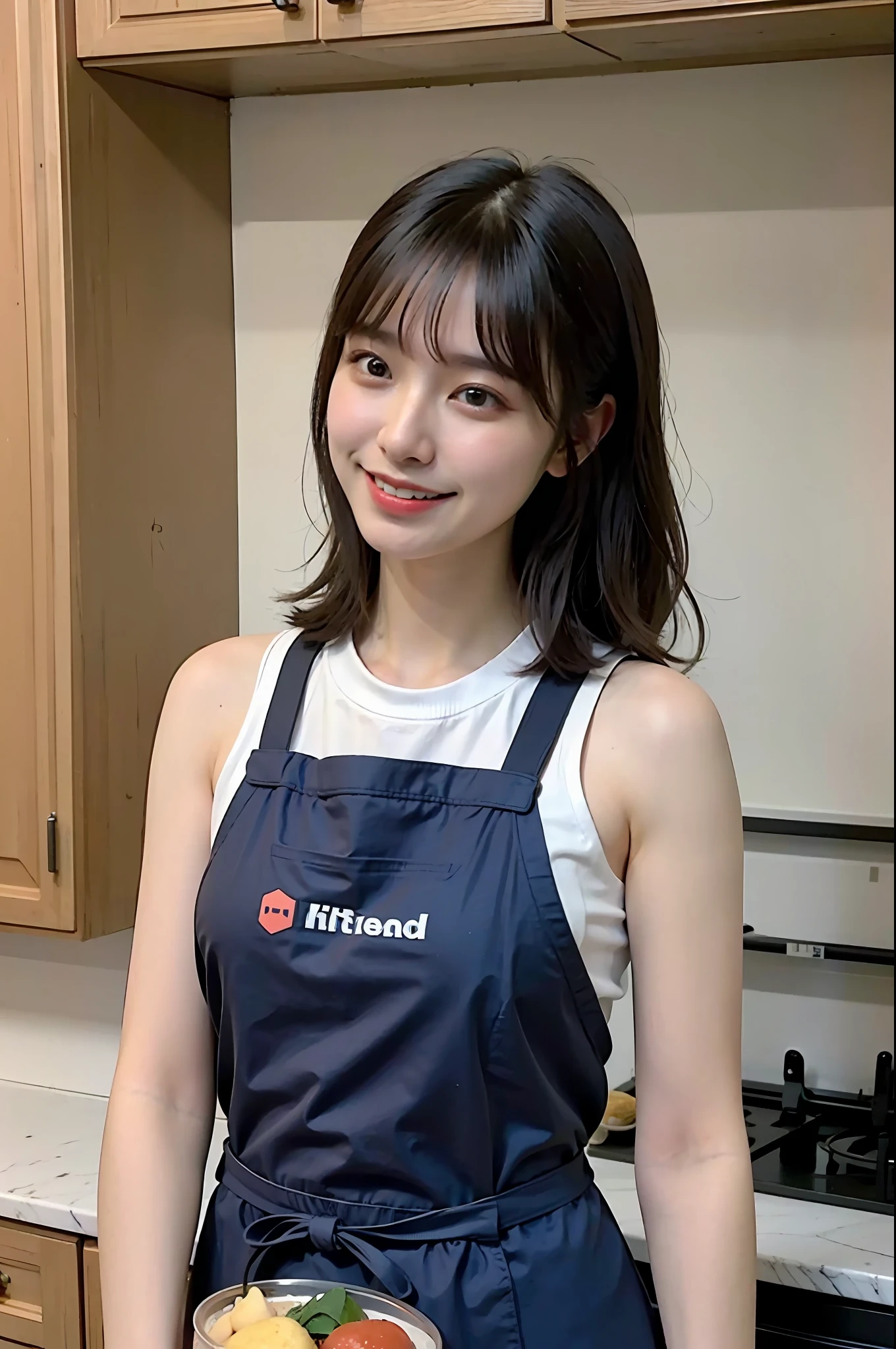 a woman is cooking、(kitchin_Apron:1.Wear 3)、Good Hand、4K、hight resolution、​masterpiece、top-quality、Cap:1.3、((Hasselblad photo))、Fine skin、foco nítido、(lighting like a movie)、Soft lighting、dynamic ungle、[:(详细的脸:1.2):0.2]、Medium chest、sweats streamed skin:1.2、(((In the kitchen))) A smile　Beautiful profile　Colossal tits　Beautiful body