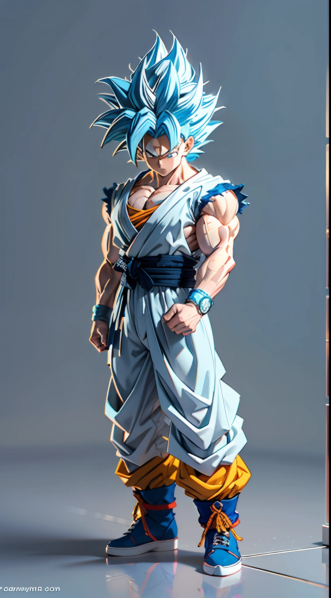 Goku, super saiyan, exquisite hair, arm depiction, white and blue hair body, exquisite shoes, eye depiction, exquisite hair, popmart blind box, clay texture, stepping on the land, black and white background, natural lighting, most good quality, super detail, 3D art, c4d, OC renderer, 3D rendering, 8k