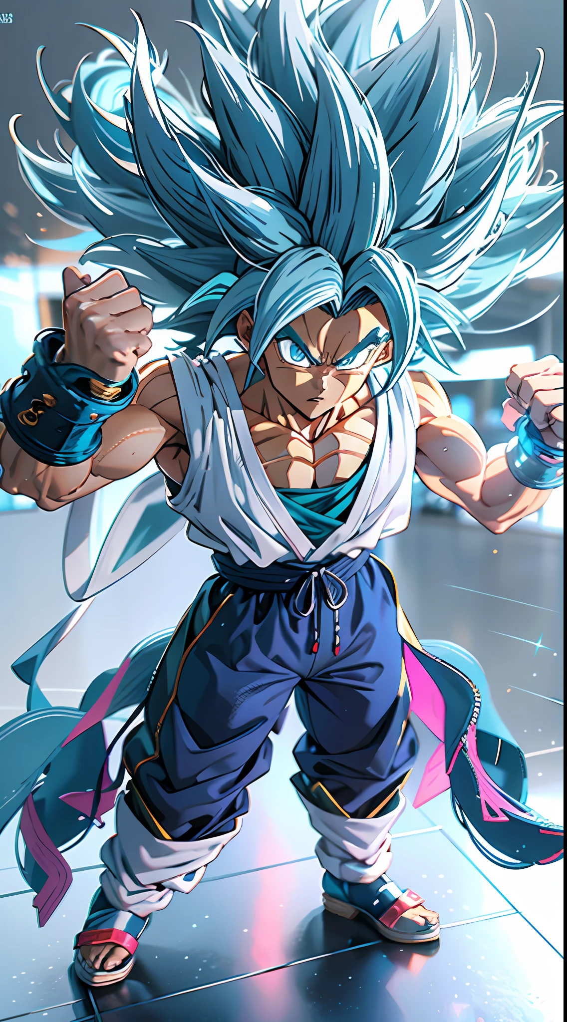 Goku, super saiyan, exquisite hair, arm depiction, white and blue hair body, exquisite shoes, eye depiction, exquisite hair, popmart blind box, clay texture, stepping on the land, black and white background, natural lighting, most good quality, super detail, 3D art, c4d, OC renderer, 3D rendering, 8k