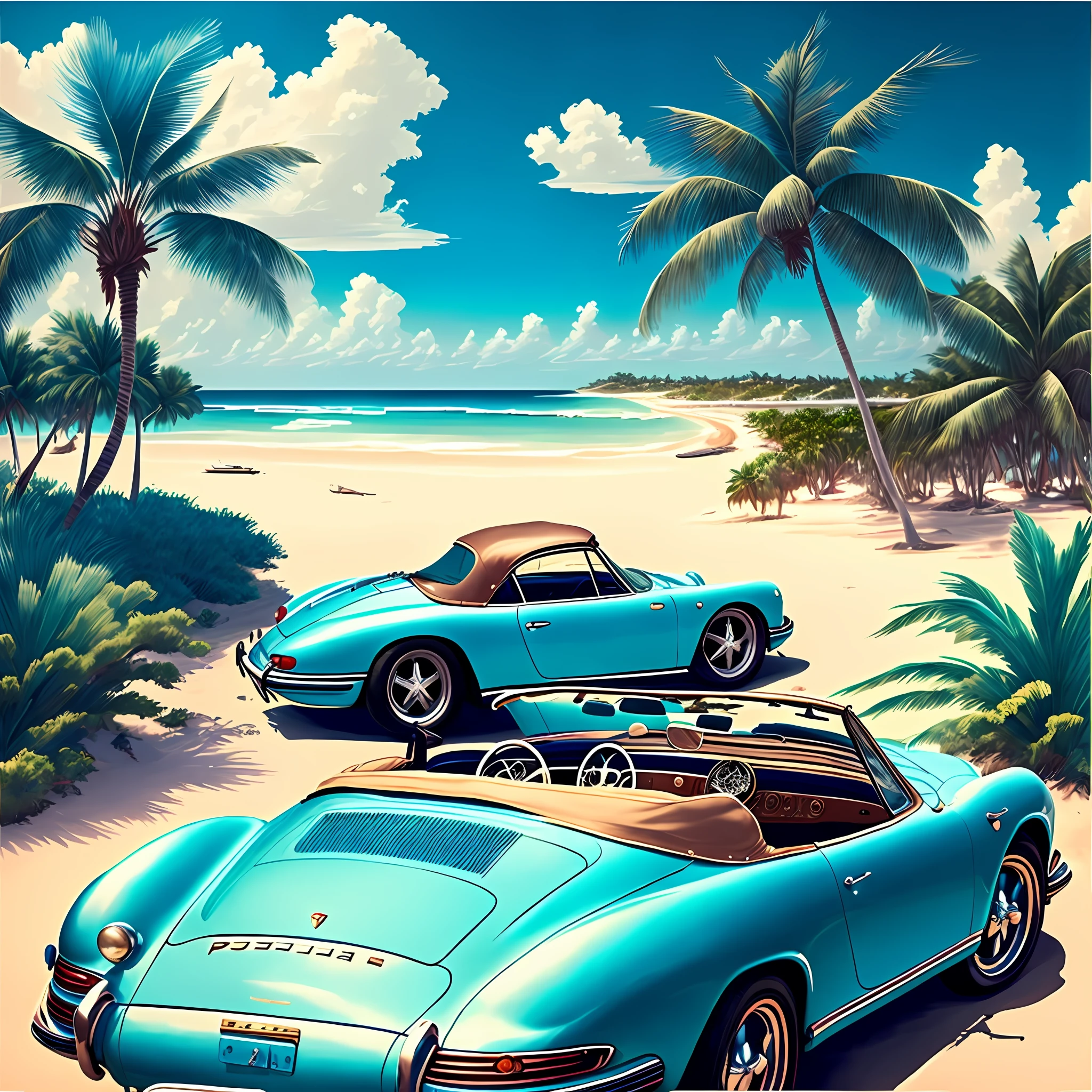 A vintage azure colored porsche convertible with an African American type man driving and pretty women (3) inside is driving along a bay with palm trees and a beautiful beach going towards the horizon. --auto