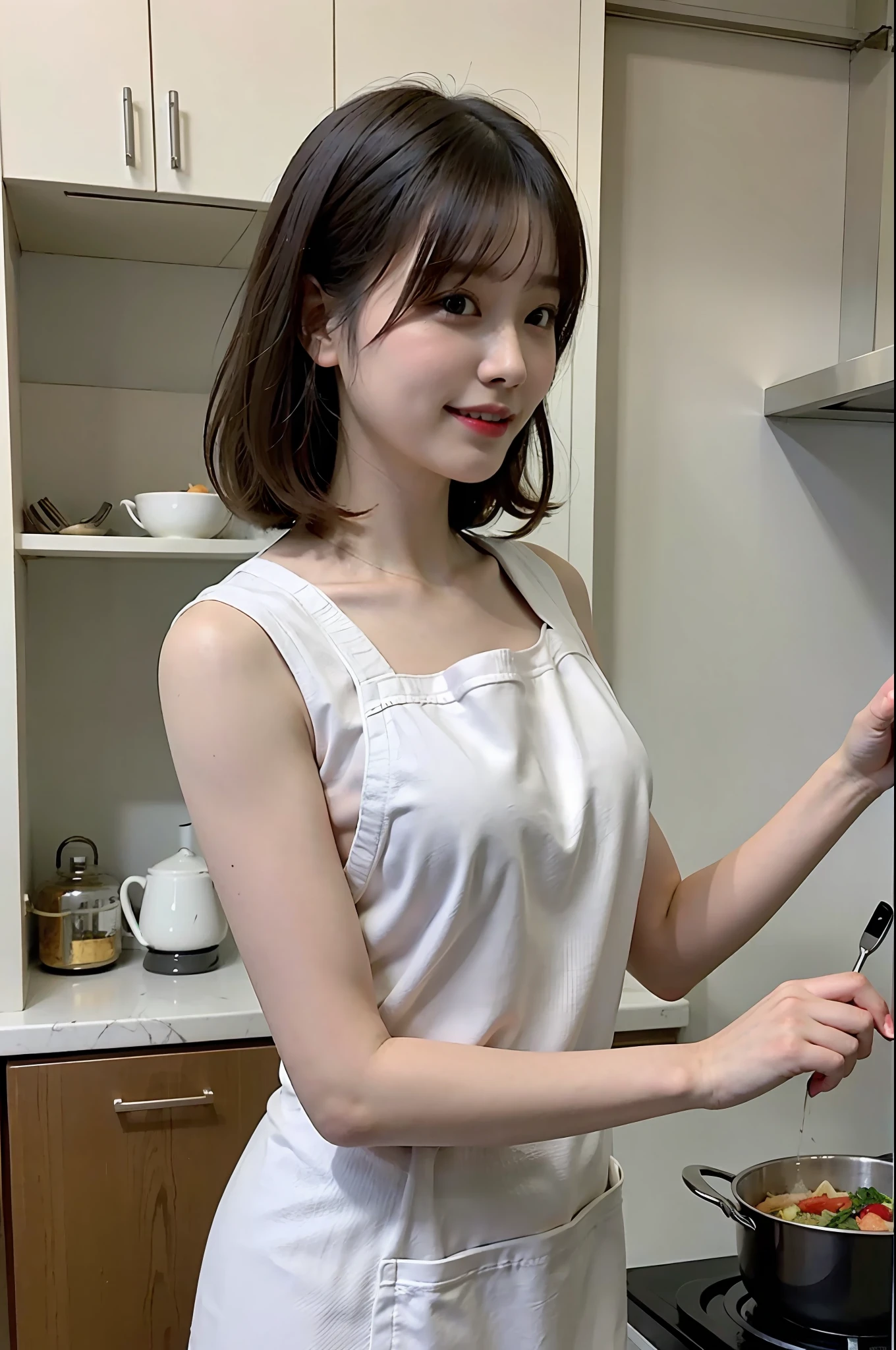 a woman is cooking、(kitchin_Apron:1.Wear 3)、Good Hand、4K、hight resolution、​masterpiece、top-quality、Cap:1.3、((Hasselblad photo))、Fine skin、foco nítido、(lighting like a movie)、Soft lighting、dynamic ungle、[:(详细的脸:1.2):0.2]、Medium chest、sweats streamed skin:1.2、(((In the kitchen))) A smile　Beautiful profile　Colossal tits　Beautiful body