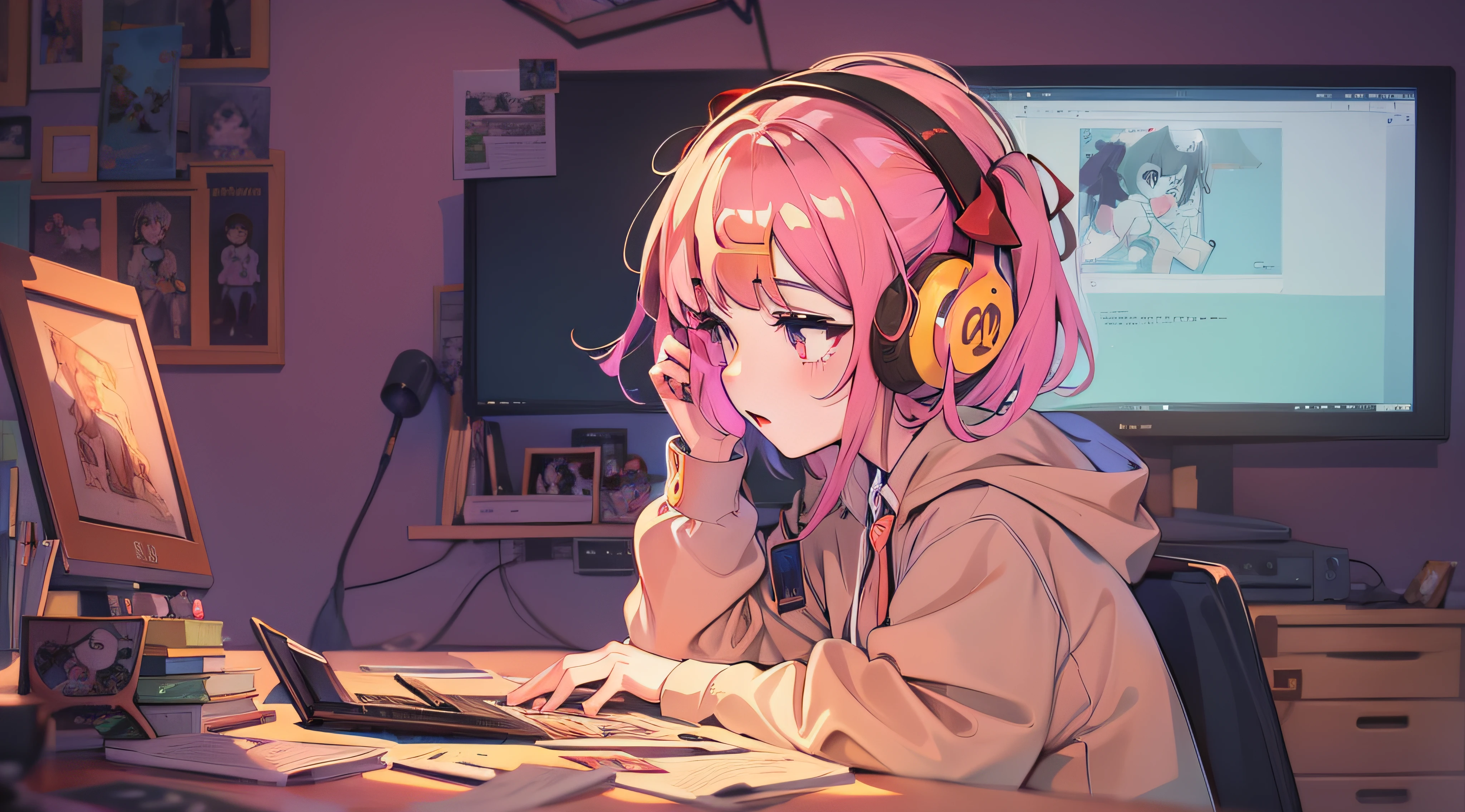 Menino anime sentado em uma mesa com fones de ouvido e um laptop, livros ao lado, menina lofi, Digital anime illustration, Retrato Lofi, estilo anime 4K, anime moe artstyle, Elogio Artstyle, estilo anime. 8k, estilo anime moderno, arte de anime digital, Ilya Kuvshinov. 4 mil, arte anime de alta qualidade, Arte Lofi, estudo, livros