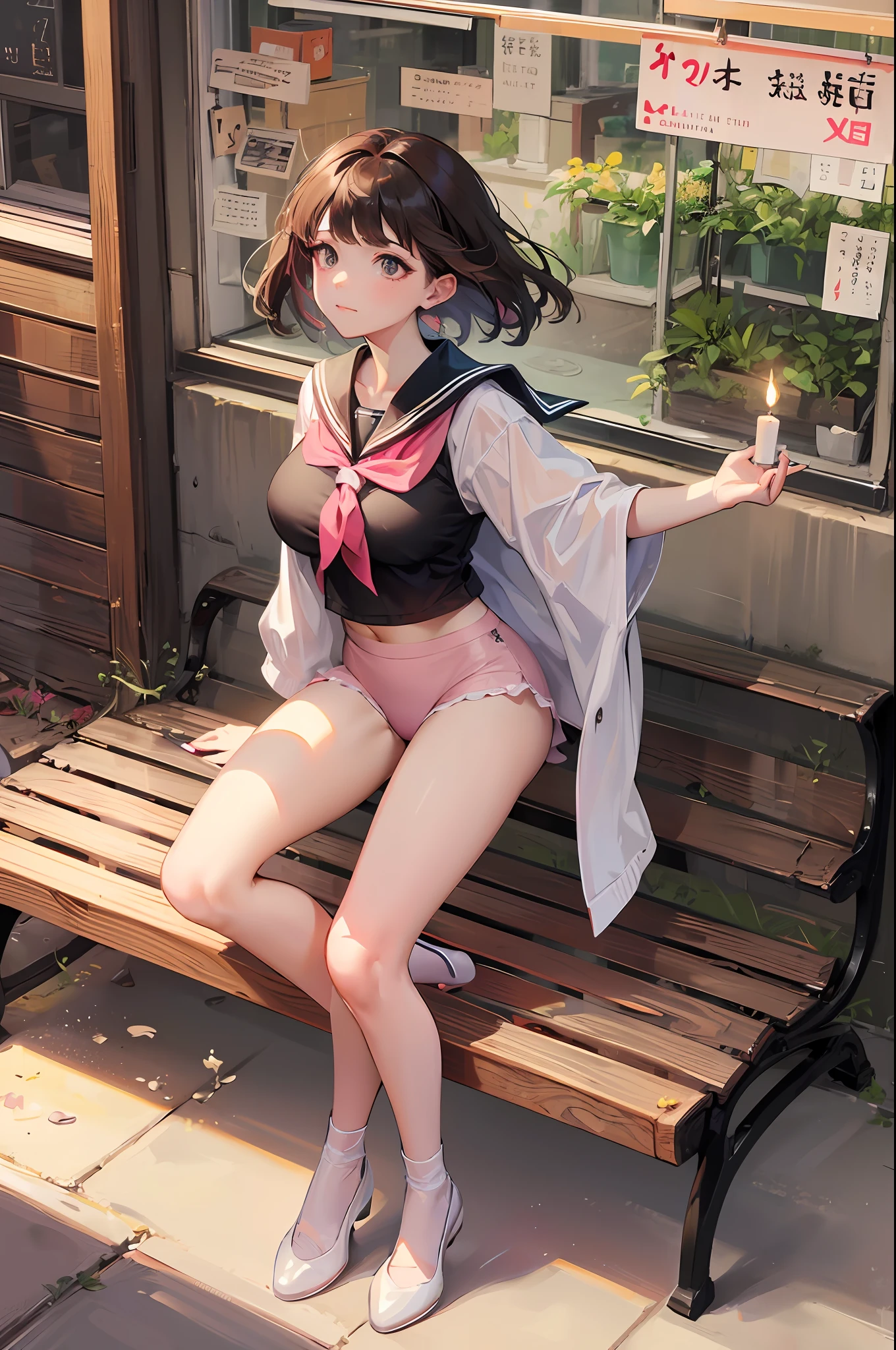 ((masterpiece)), (top-quality), (detaileds), (1 rapariga), (Panchira:1.2), It's a sitting bench, pink sailor suit,, (a closed mouth:1.2), irate,Big breasts、Show underwear、Disgusting face、The wind twists the skirt、Exposure of underwear、Spread legs,Early morning red underwear,Candlelight underwear,