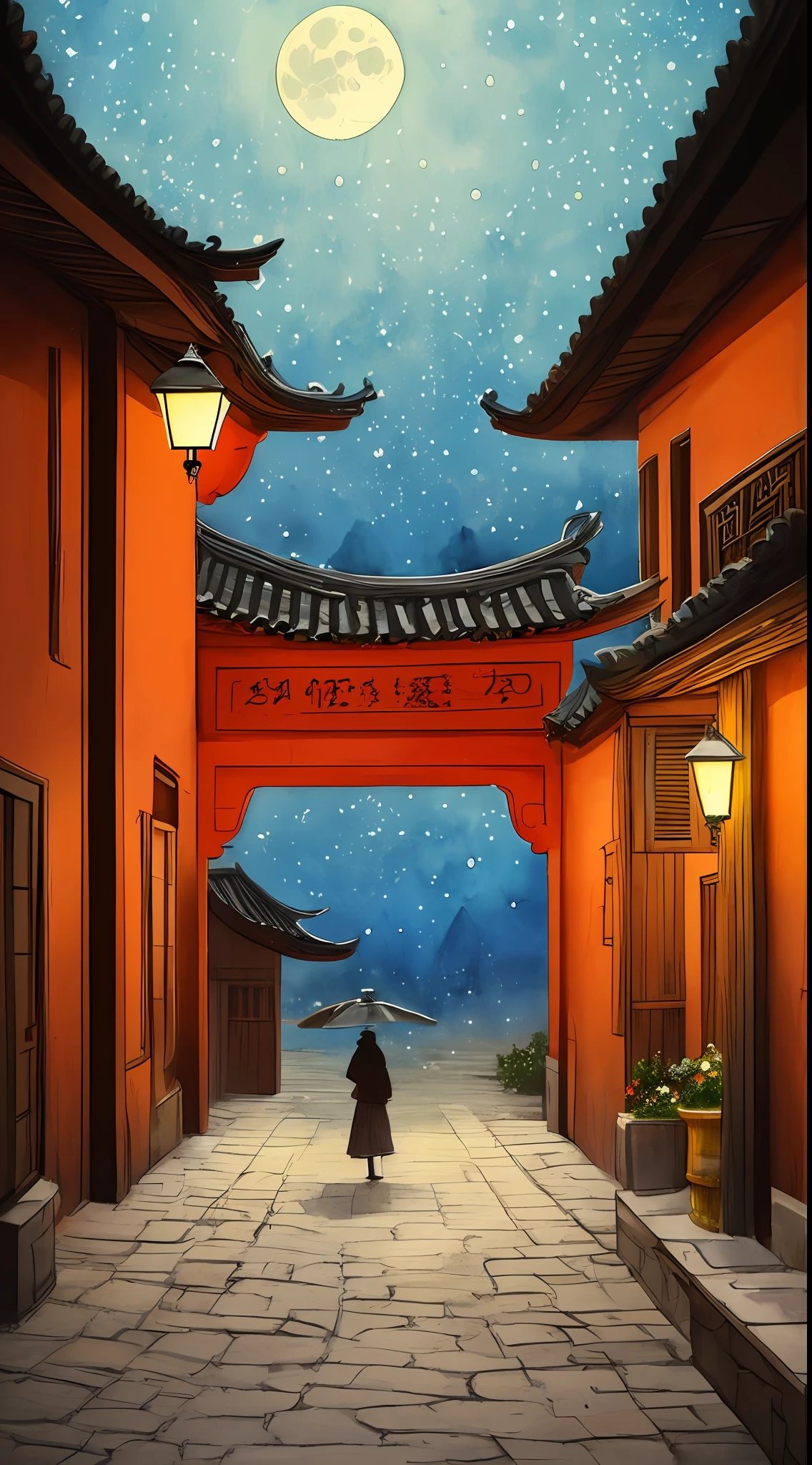 The cold moon fell from the red window
Fold on my heart
Where maple leaves are dyed
Buried by the years
The wind blows,Cool night rain
Tears fall into the frost
Who writes non-heart on paper
Synthetic sadness
It's always a relationship,The story continues
The debasement of old words in the play, The light of sake, With lights
Another lovesickness, But ask who knows the cold and warm
Discrete ending curtain You and I are just laughing,(Outdoor view:1.5),Antique architecture,(tmasterpiece),(Best picture quality),(Very detailed and uniform picture),(8k wallpaper),(Chinese folk style painting),(Watercolor style painting),(light and shadow effect)