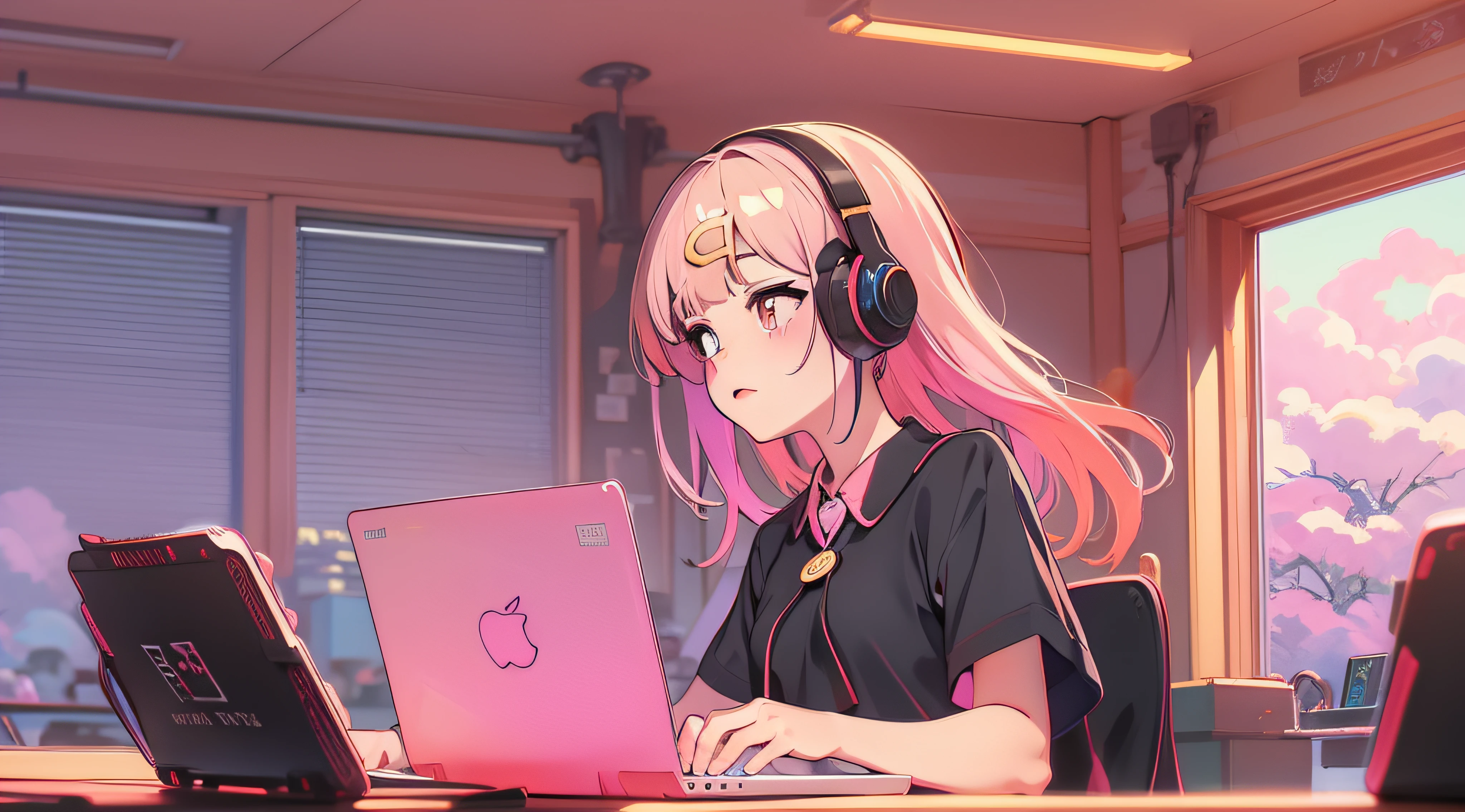 Menina anime sentada em uma mesa com fones de ouvido e um laptop, menina lofi, Digital anime illustration, Retrato Lofi, estilo anime 4K, anime moe artstyle, Elogio Artstyle, estilo anime. 8k, estilo anime moderno, arte de anime digital, Ilya Kuvshinov. 4 mil, arte anime de alta qualidade, Arte Lofi, estudo, livros