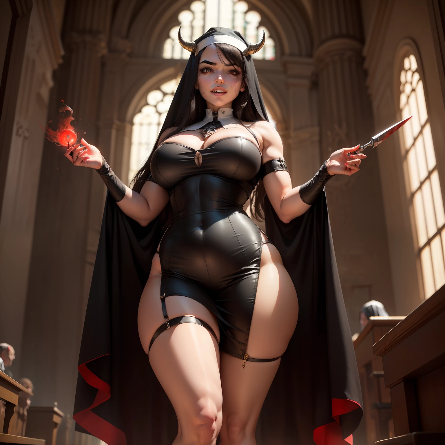(Masterpiece, Best Quality, Highres:1.4), Detailed, Intricate Details, 4K, 1 girl, at church, satanic, grin, showing teeth, sharp teeth, horns, red skin, black pentagram tattoo, nun dress, nun headpiece, breasts, blood on dress, blood on face, blood everywhere, white stockings, black heels, standing, hands up, holding knife, detailed face, (huge breasts), black hair, long hair, glaring, demonic eyes, red glowing eyes, red eyes, thick thighs, abs, muscle female, big feet