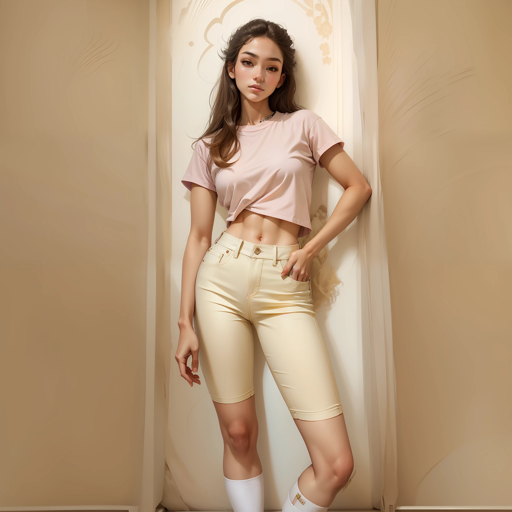 "Exquisite quality, full-length portrait, graceful countenance, 18-year-old young woman, slender physique, petite bust, cropped white T-shirt, pastel pink denim skirt cinched at the waist, dynamic gymnasium setting, poised stance."