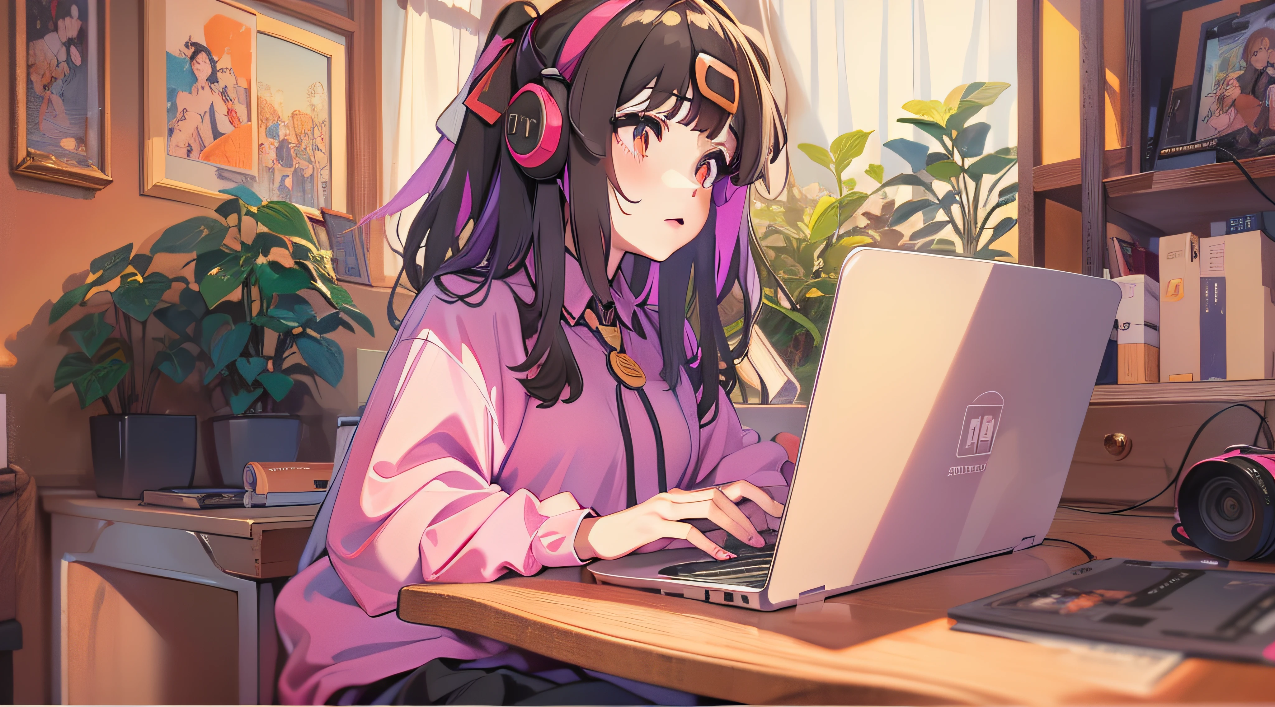 Menino anime sentada em uma mesa com fones de ouvido e um laptop, menina lofi, Digital anime illustration, Retrato Lofi, estilo anime 4K, anime moe artstyle, Elogio Artstyle, estilo anime. 8k, estilo anime moderno, arte de anime digital, Ilya Kuvshinov. 4 mil, arte anime de alta qualidade, Arte Lofi, estudo, livros