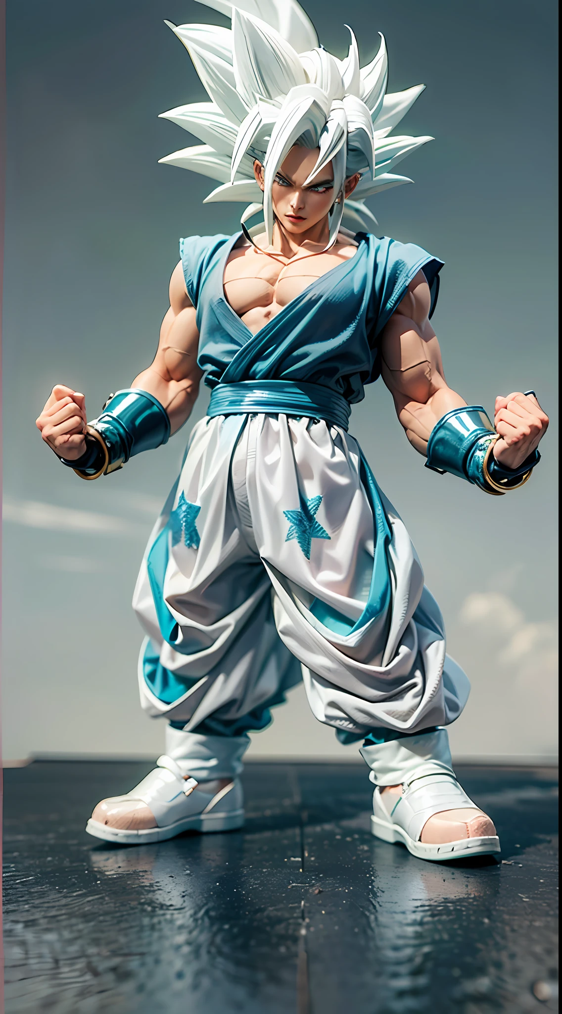 Goku, super saiyan, exquisite hair, arm depiction, white and blue hair body, exquisite shoes, eye depiction, exquisite hair, popmart blind box, clay texture, stepping on the land, black and white background, natural lighting, most good quality, super detail, 3D art, c4d, OC renderer, 3D rendering, 8k