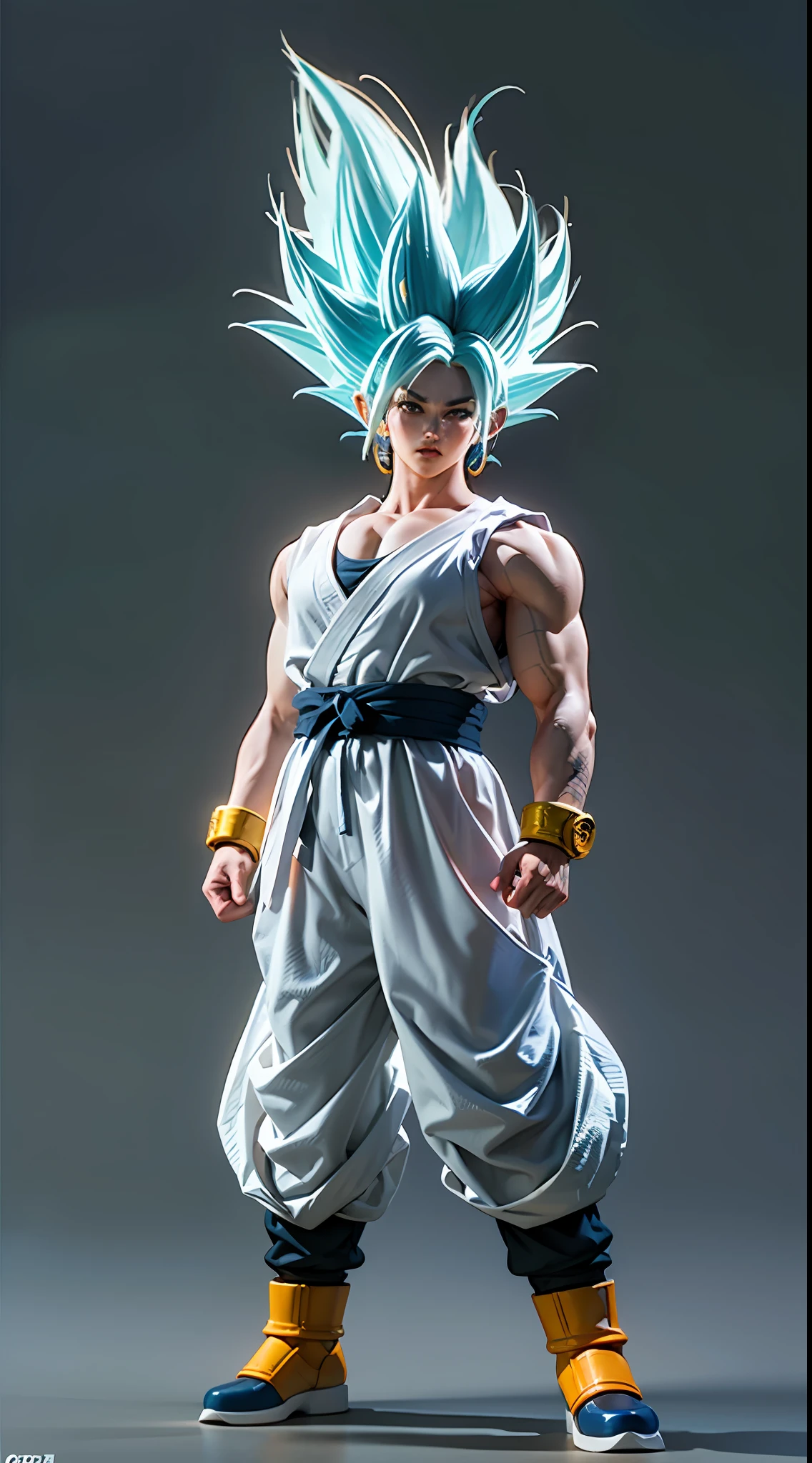 Goku, super saiyan, exquisite hair, arm depiction, white and blue hair body, exquisite shoes, eye depiction, exquisite hair, popmart blind box, clay texture, stepping on the land, black and white background, natural lighting, most good quality, super detail, 3D art, c4d, OC renderer, 3D rendering, 8k