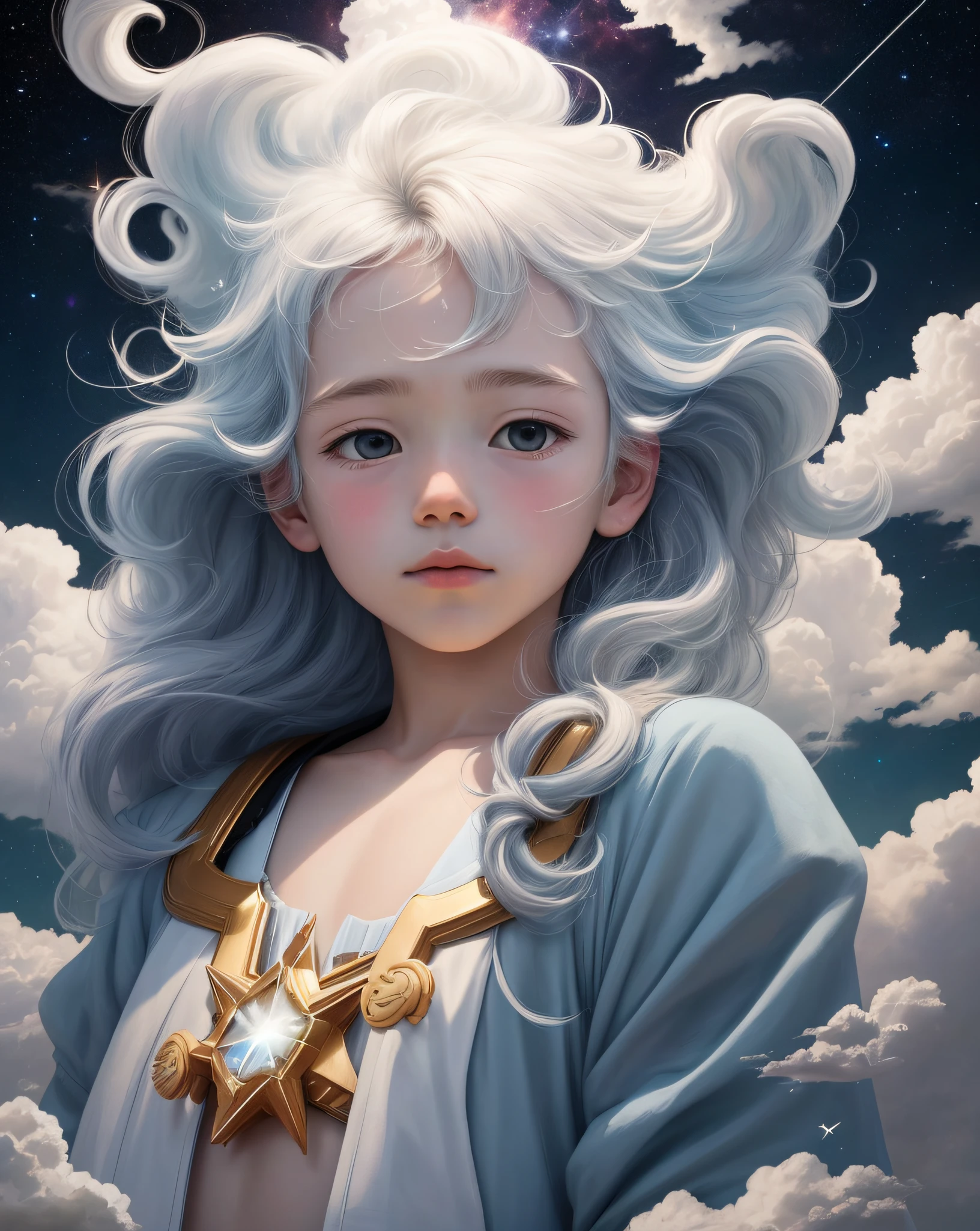 Celestial Boy, afloat, Clouds, galaxias, Starcloud, There are white clouds on the hair