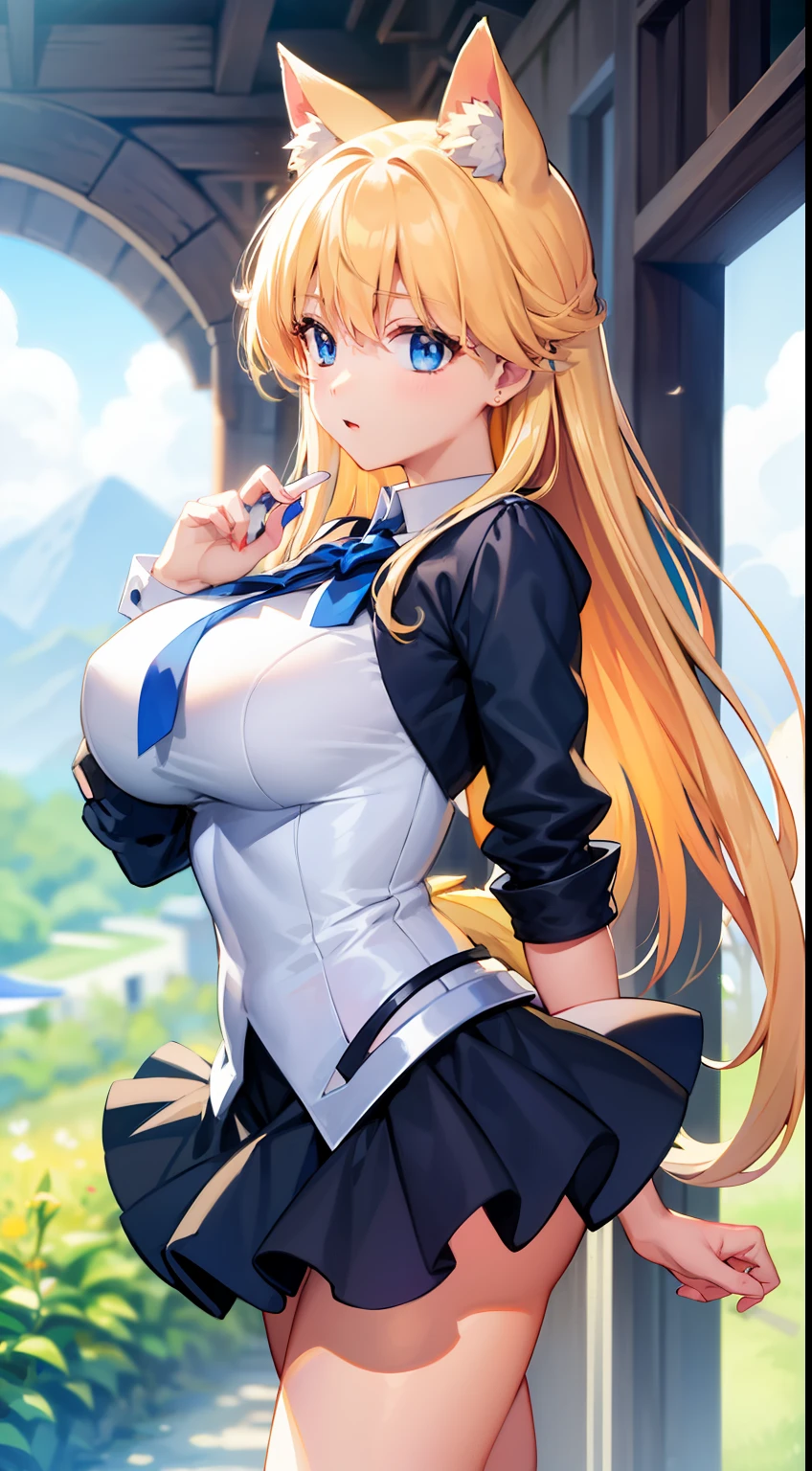 (masterpiece、top-quality:1.2)、独奏、Delicate、beautiful countenance、a beauty girl、1girl in、Cat's ears、Cat tail、a blond、Blue eyes、The jacket is fluttering、disheveled clothes、Emphasize the valley、Gothloli white shirt、Very big、on breast、a lot of、wide hips、Black mini skirt、pretty pose、