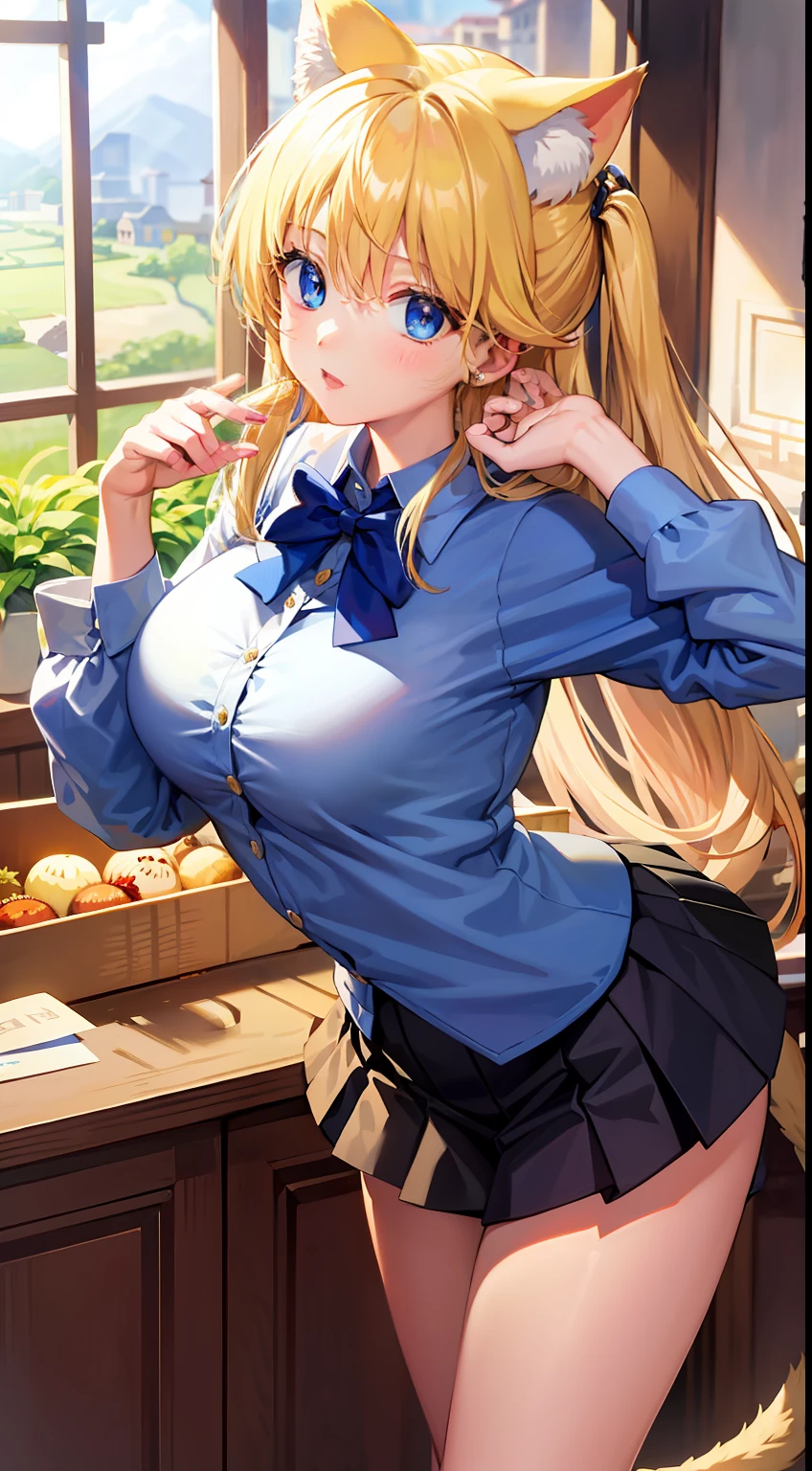 (masterpiece、top-quality:1.2)、独奏、delicate、beautiful countenance、a beauty girl、1girl in、Cat's ears、Cat tail、a blond、Blue eyes、The jacket is fluttering、Unbuttoned shirt、Emphasize the valley、Gothloli white shirt、Very big、on breast、a lot of、wide hips、Black mini skirt、pretty pose、