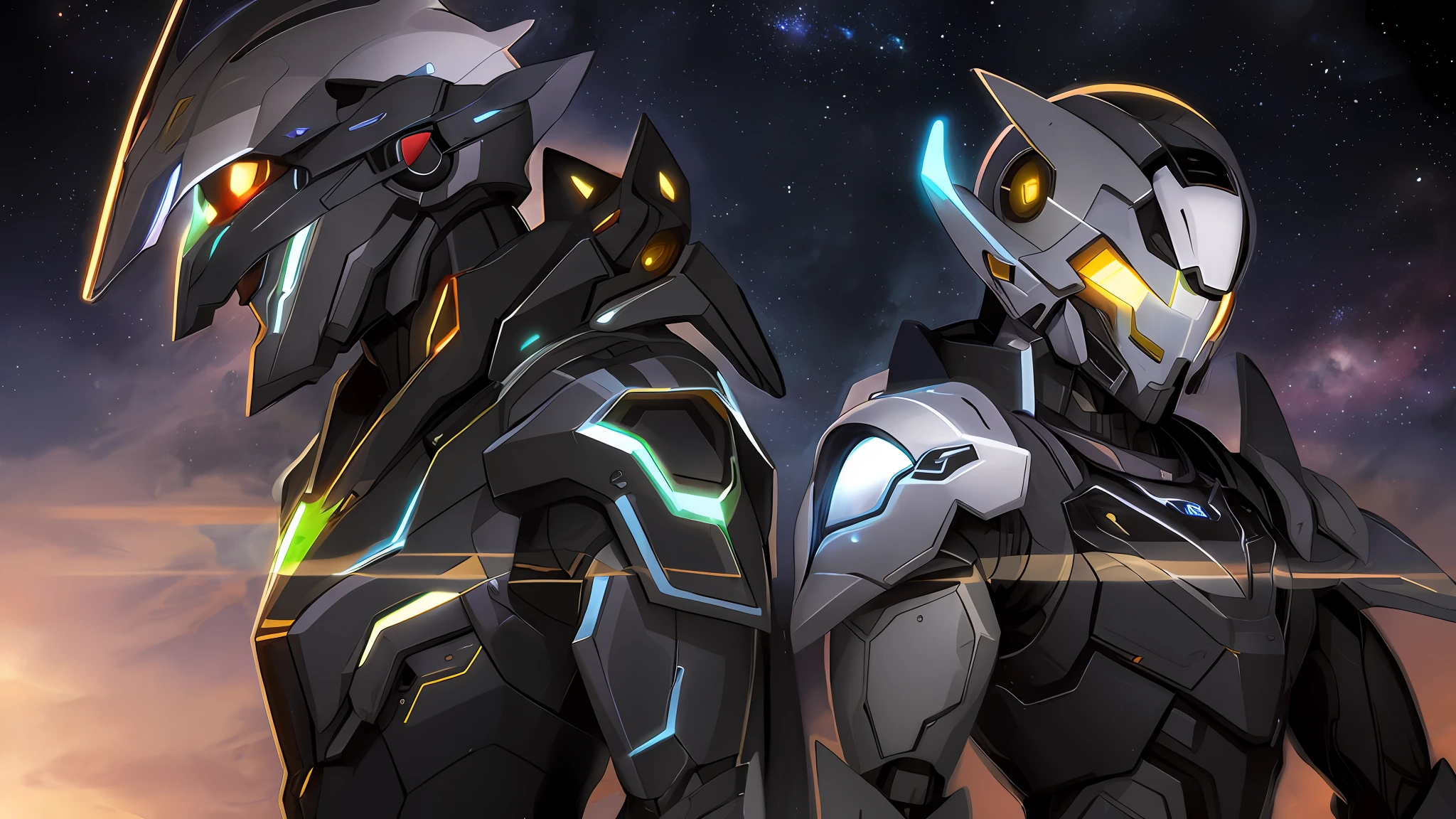 There are two men wearing mechs,zerochan art, Detailed digital anime art, inspired by Krenz Cushart,Starry sky space background,multiple exposure,Dark-tone mech,glowing light,blasts,Eschatological,