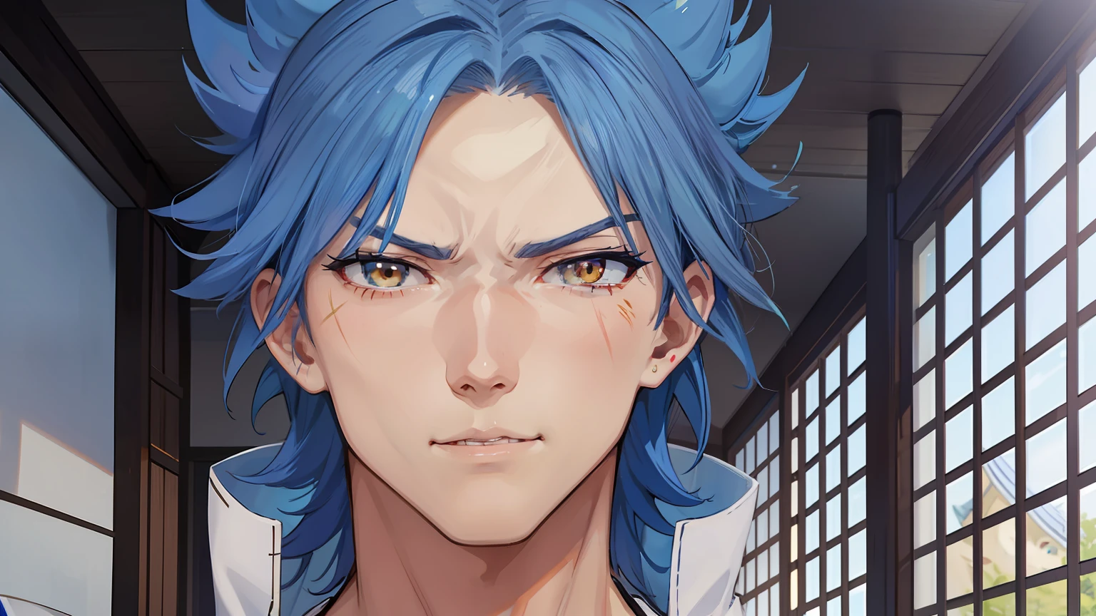 Naotora is a tall, muscular man, with short spiky blue hair like beast ear, and golden eyes. He has a scar on his left cheek.

He wears what looks like a light blue traditional samurai armor with a white cape.